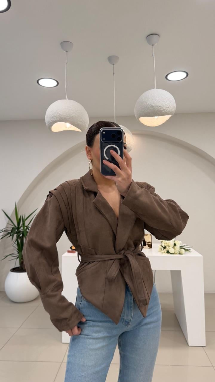 Tasarim Kemerli̇ Süet Kahve Ceket 