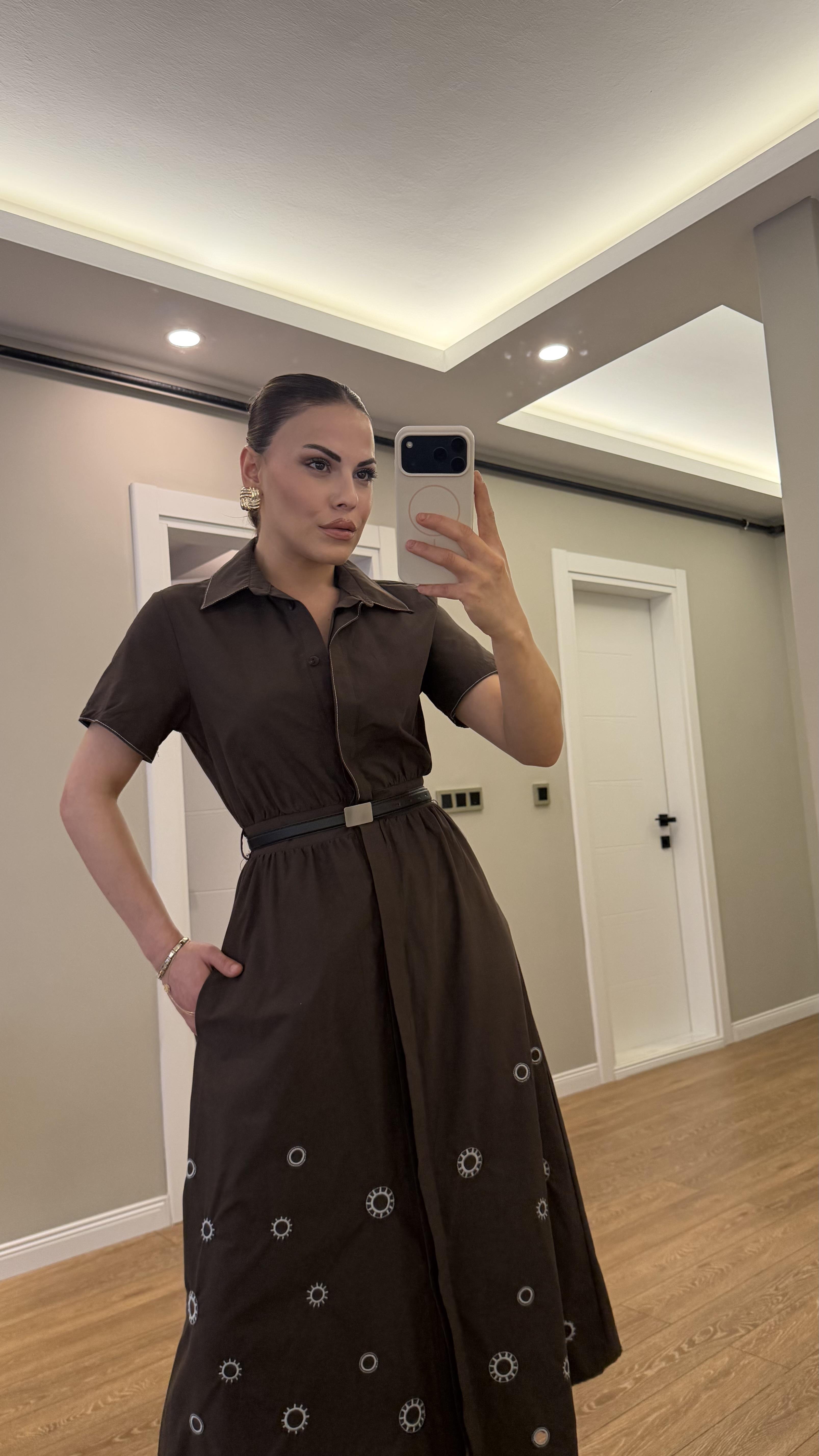 Tasarım Nakışlı Delikli Max boy Elbise  Kahve