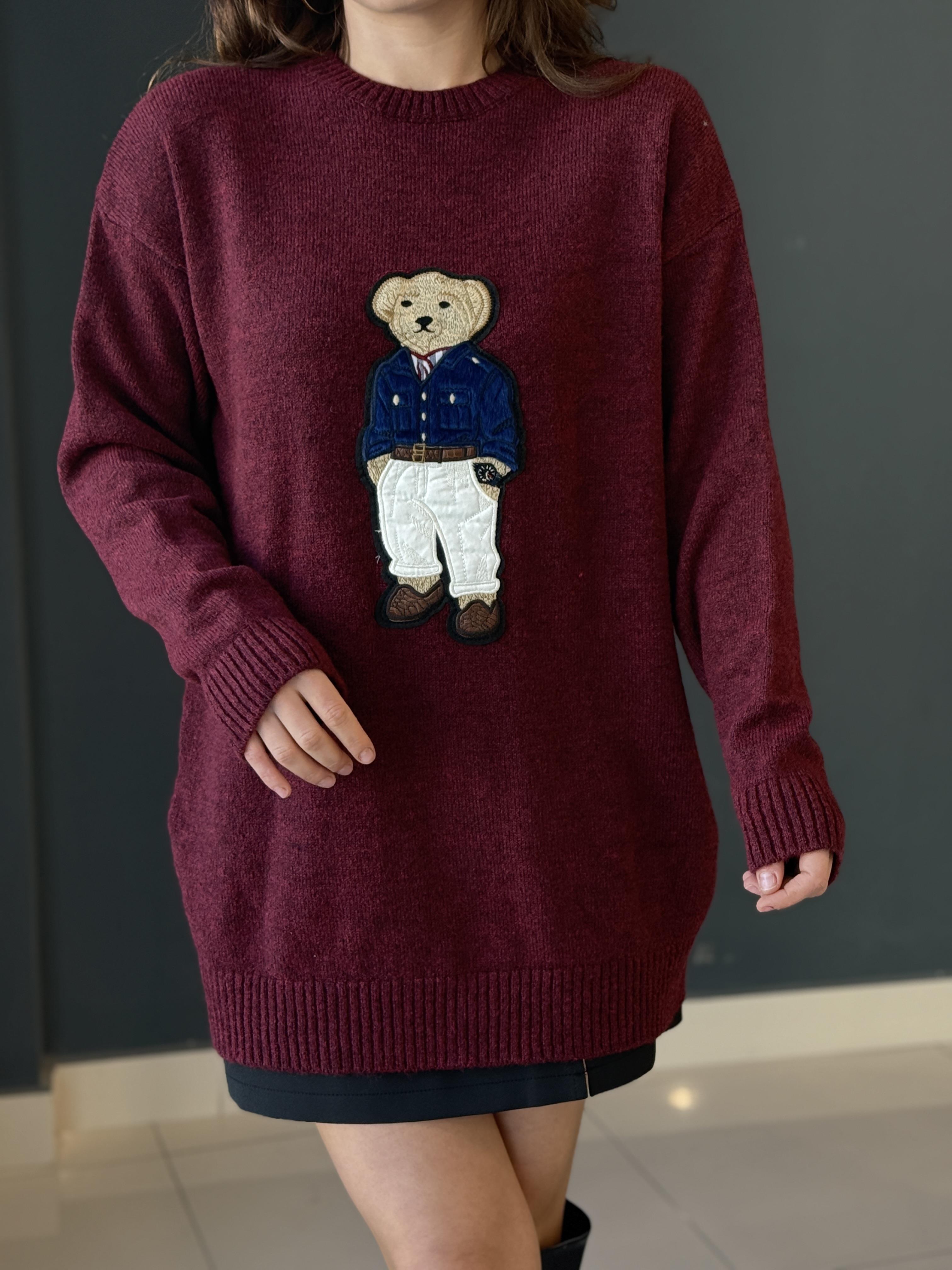 Teddy İşlemeli̇ Kazak Bordo