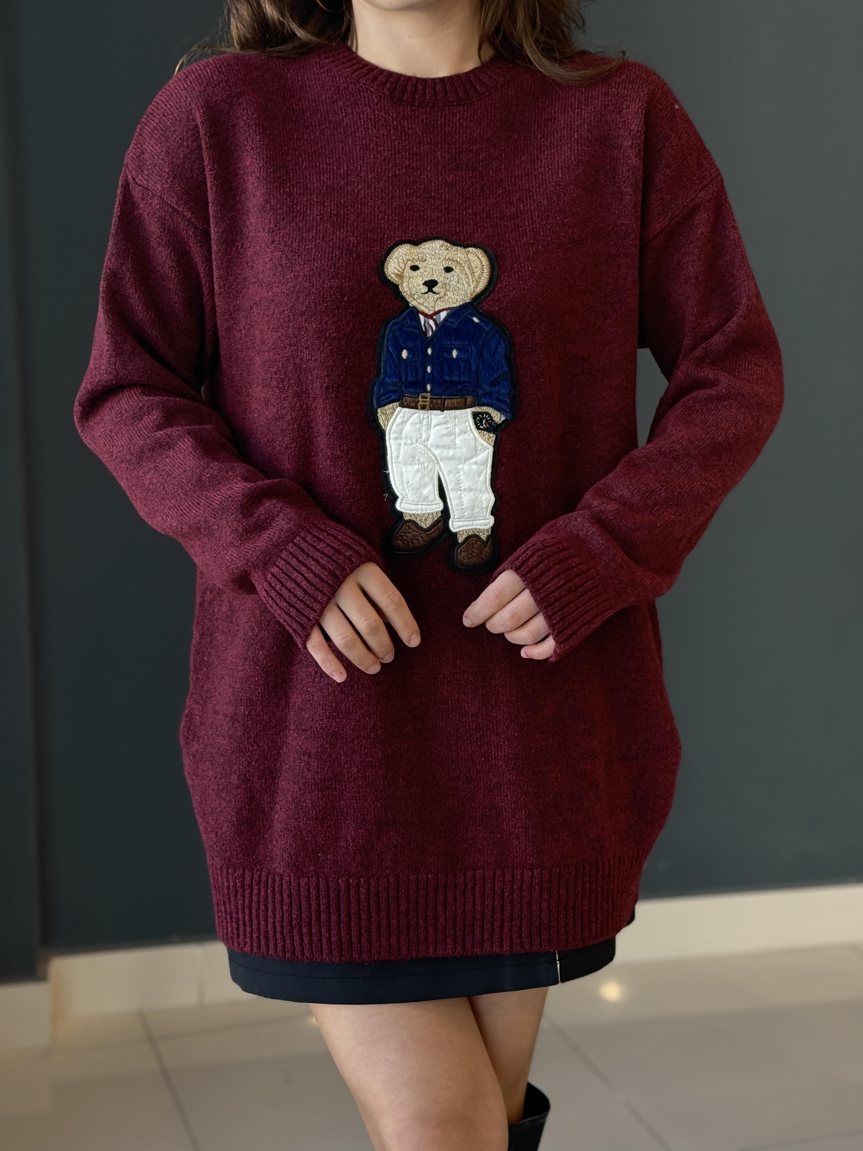 Teddy İşlemeli̇ Kazak Bordo