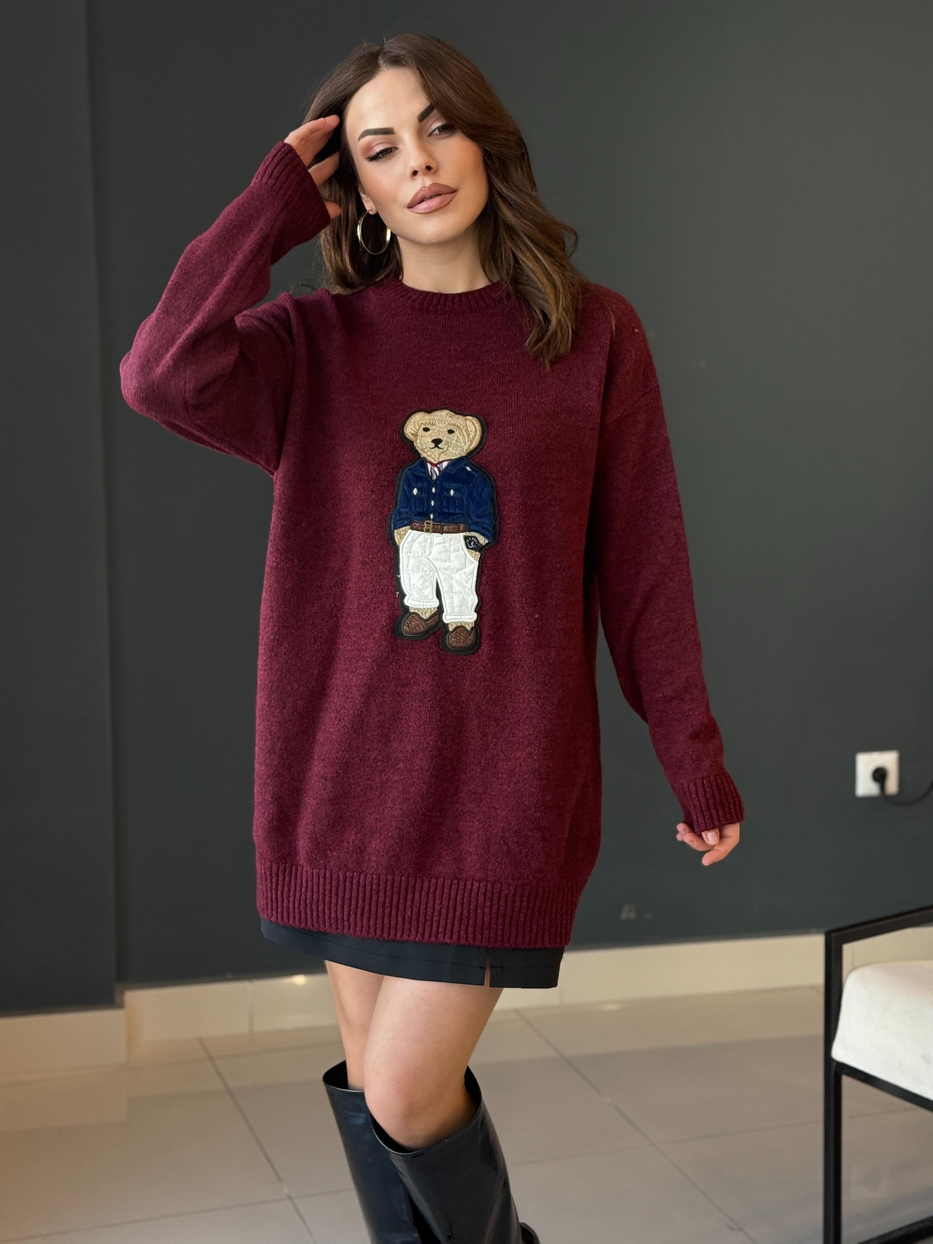 Teddy İşlemeli̇ Kazak Bordo