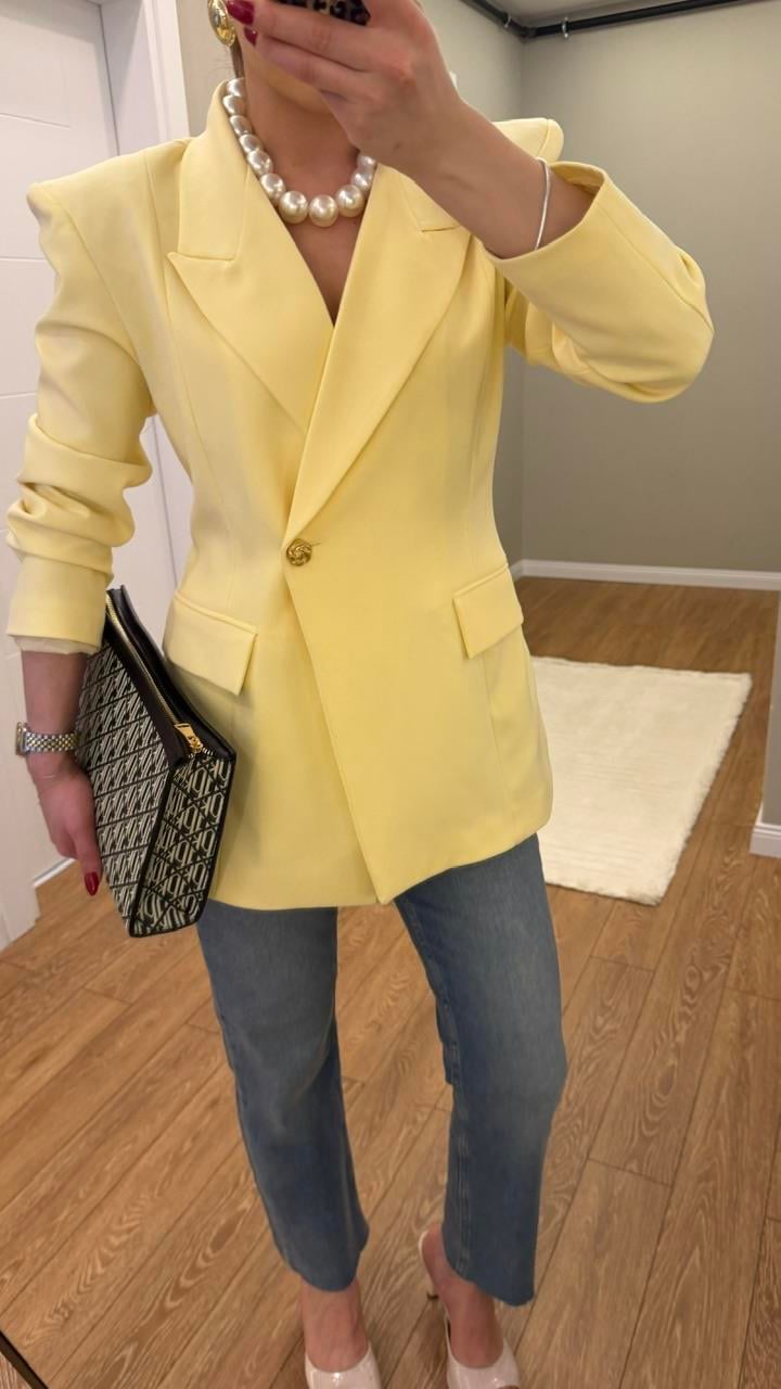 TEK DÜĞMELİ VATKALI BLAZER CEKET SARI 