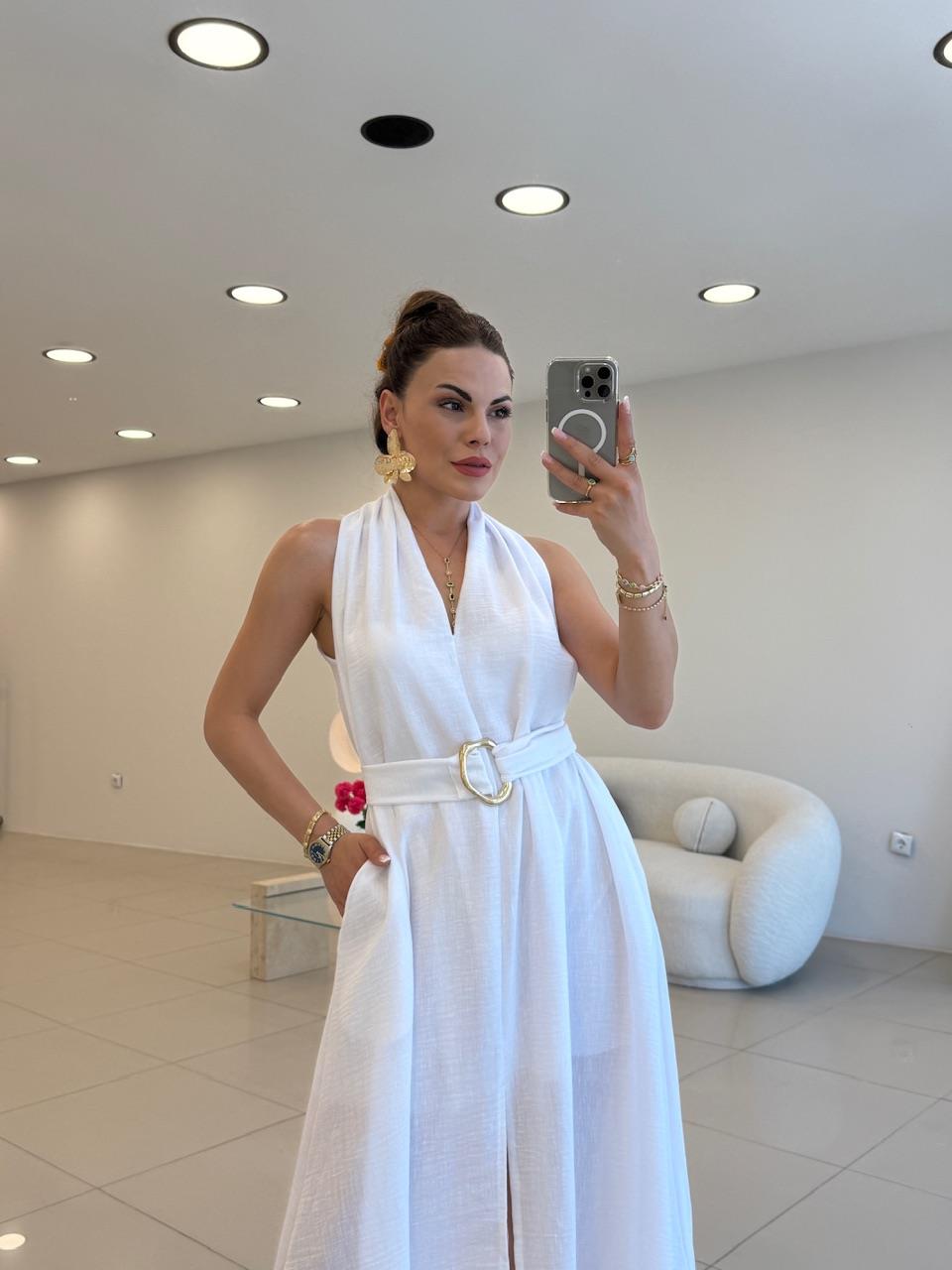 TOKA DETAYLI ELBİSE BEYAZ