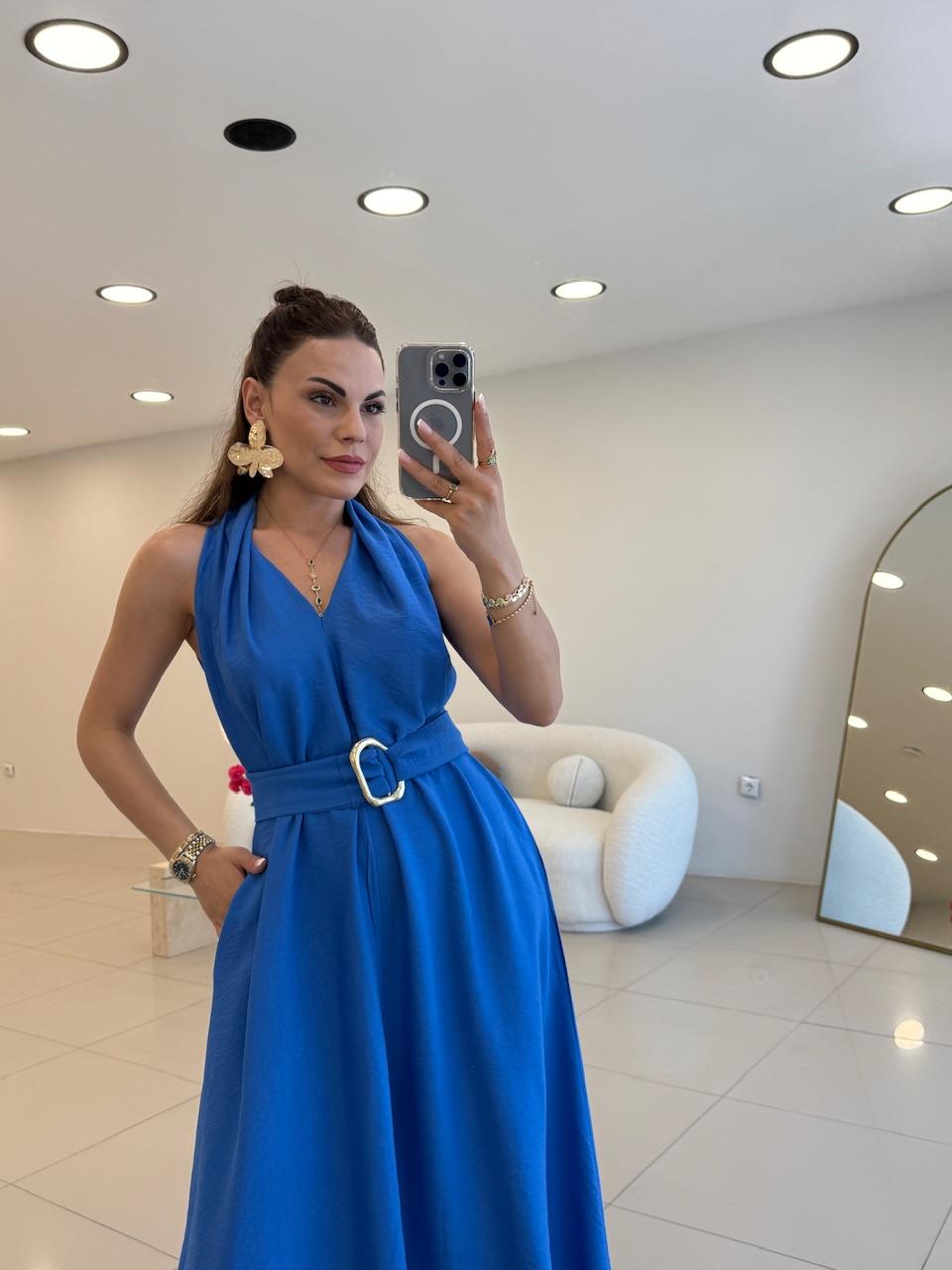TOKA DETAYLI ELBİSE MAVİ