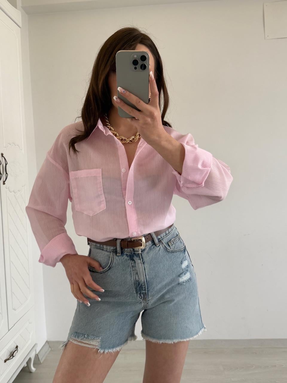 TRANSPARAN ÇİZGİLİ GÖMLEK PEMBE