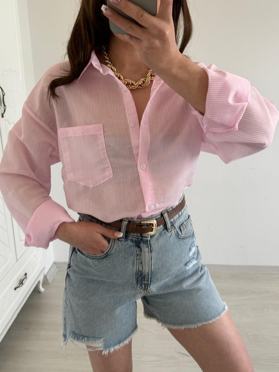 TRANSPARAN ÇİZGİLİ GÖMLEK PEMBE