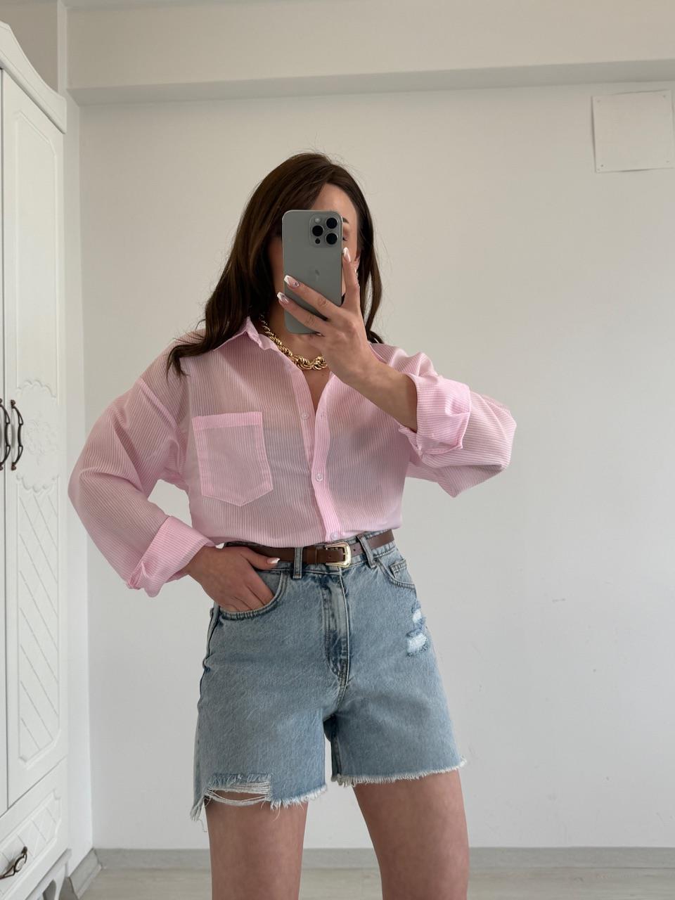 TRANSPARAN ÇİZGİLİ GÖMLEK PEMBE