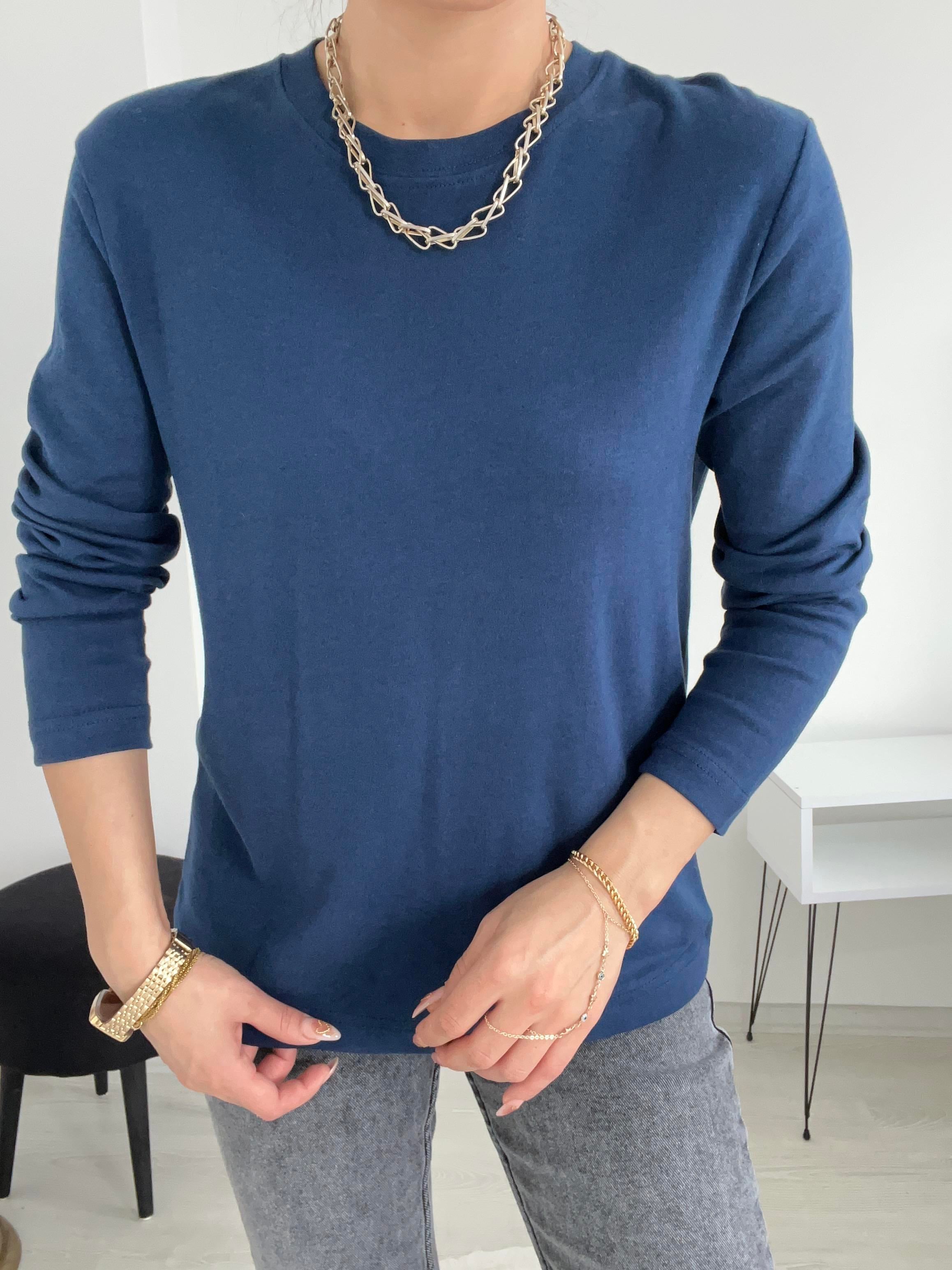 Uzun Kollu Pamuk Basi̇c Bluz Laci̇vert