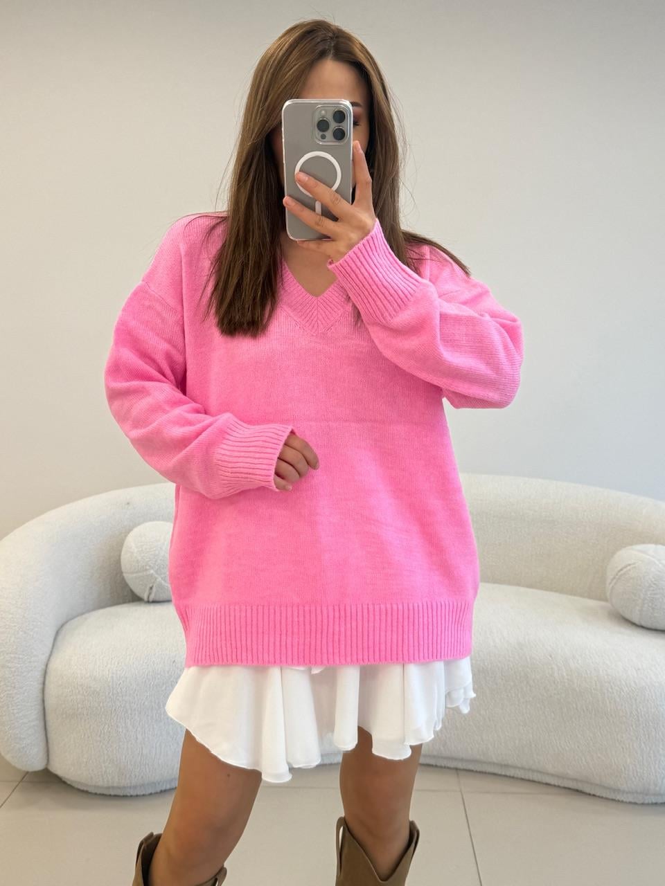 V YAKA BASİC KAZAK  PEMBE