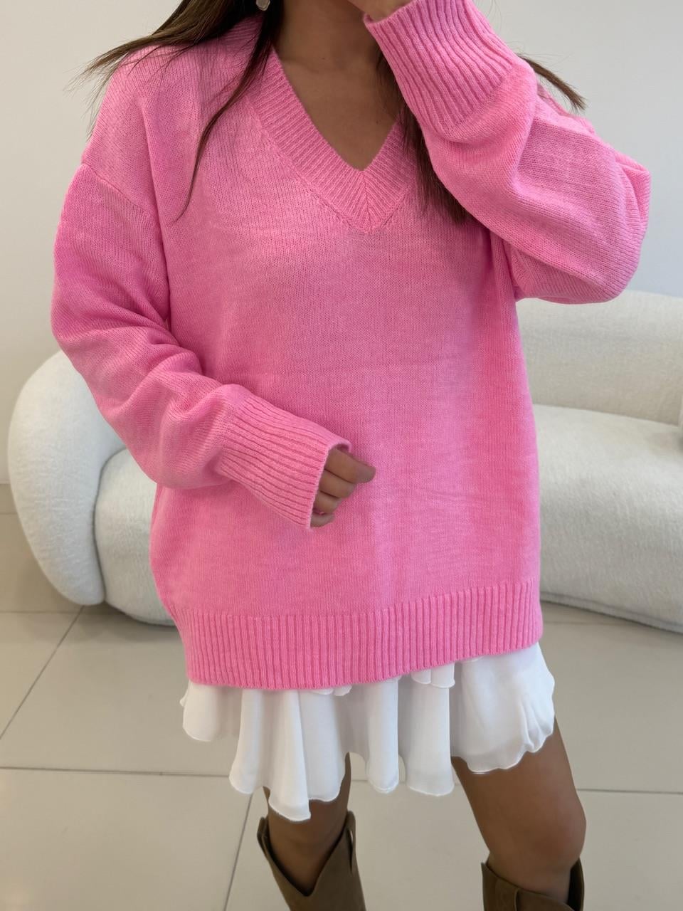 V YAKA BASİC KAZAK  PEMBE