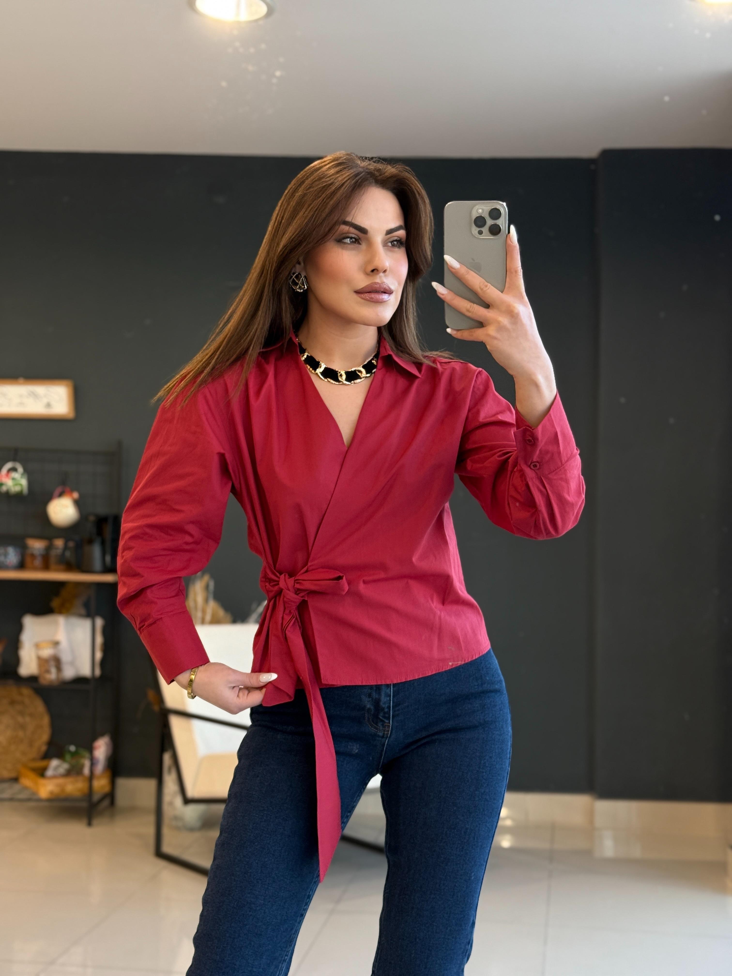 Yandan Bağlamali Tasarim Gömlek Bordo