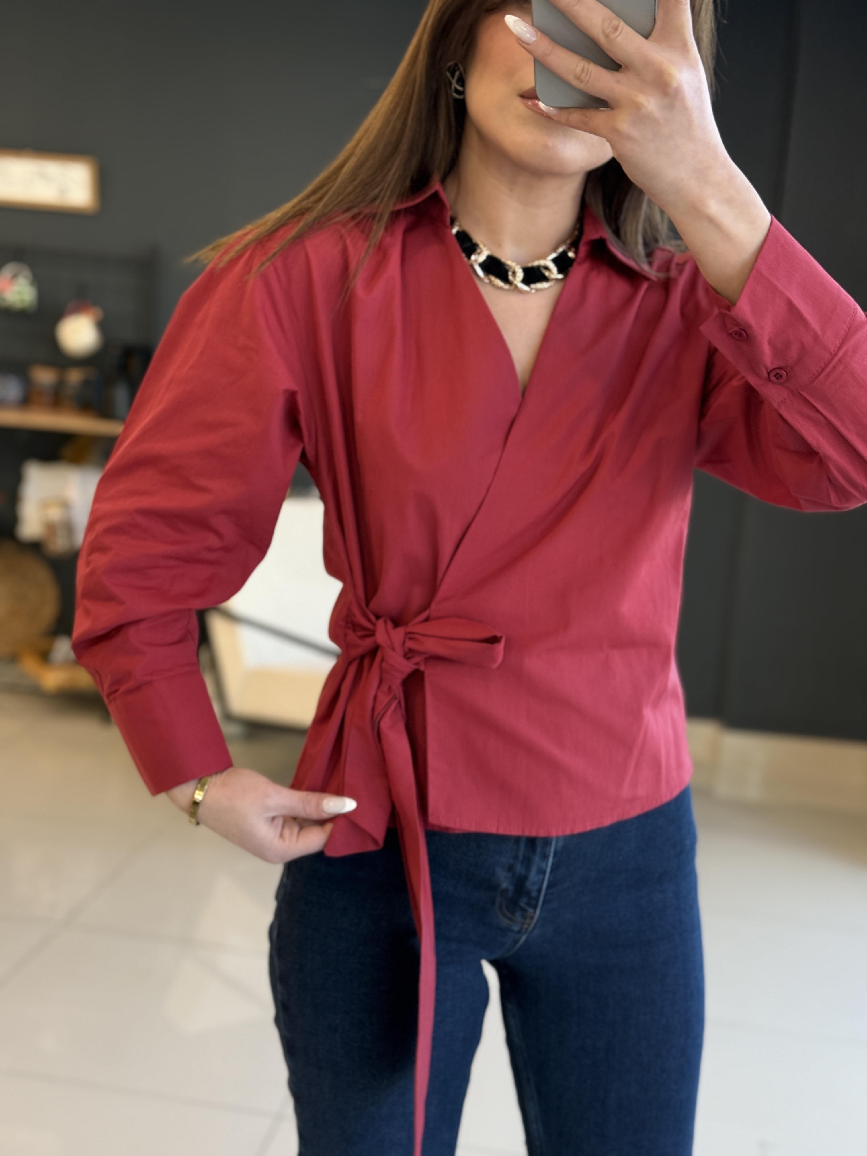Yandan Bağlamali Tasarim Gömlek Bordo