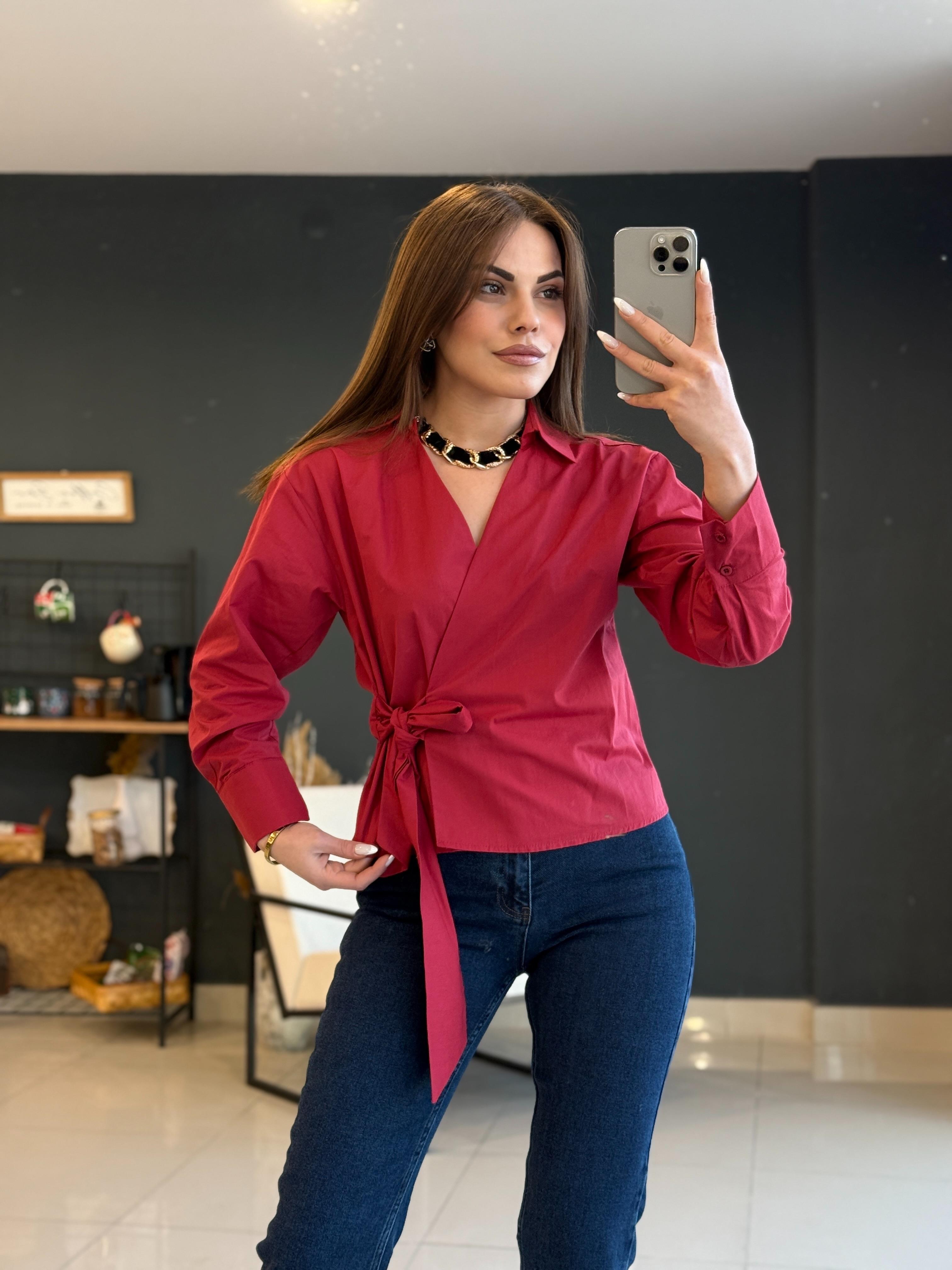 Yandan Bağlamali Tasarim Gömlek Bordo