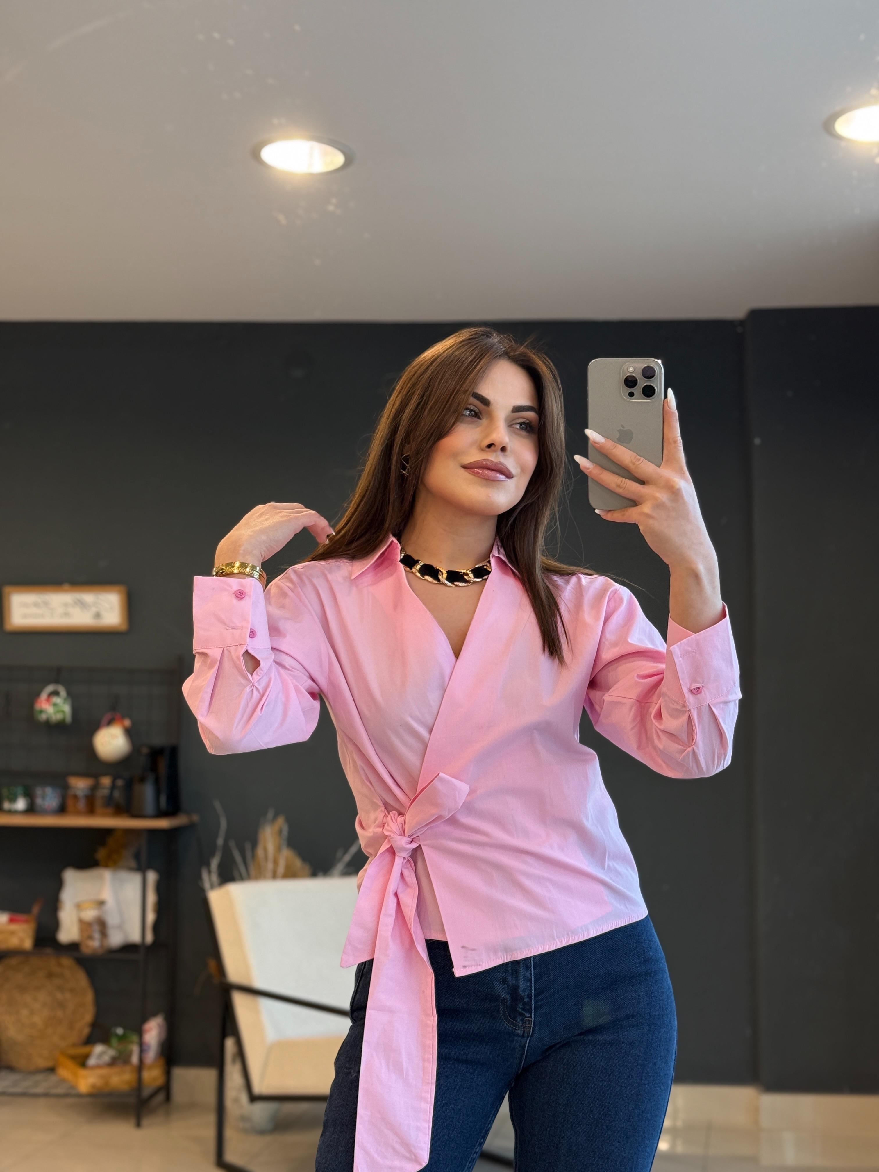Yandan Bağlamali Tasarim Gömlek Pembe