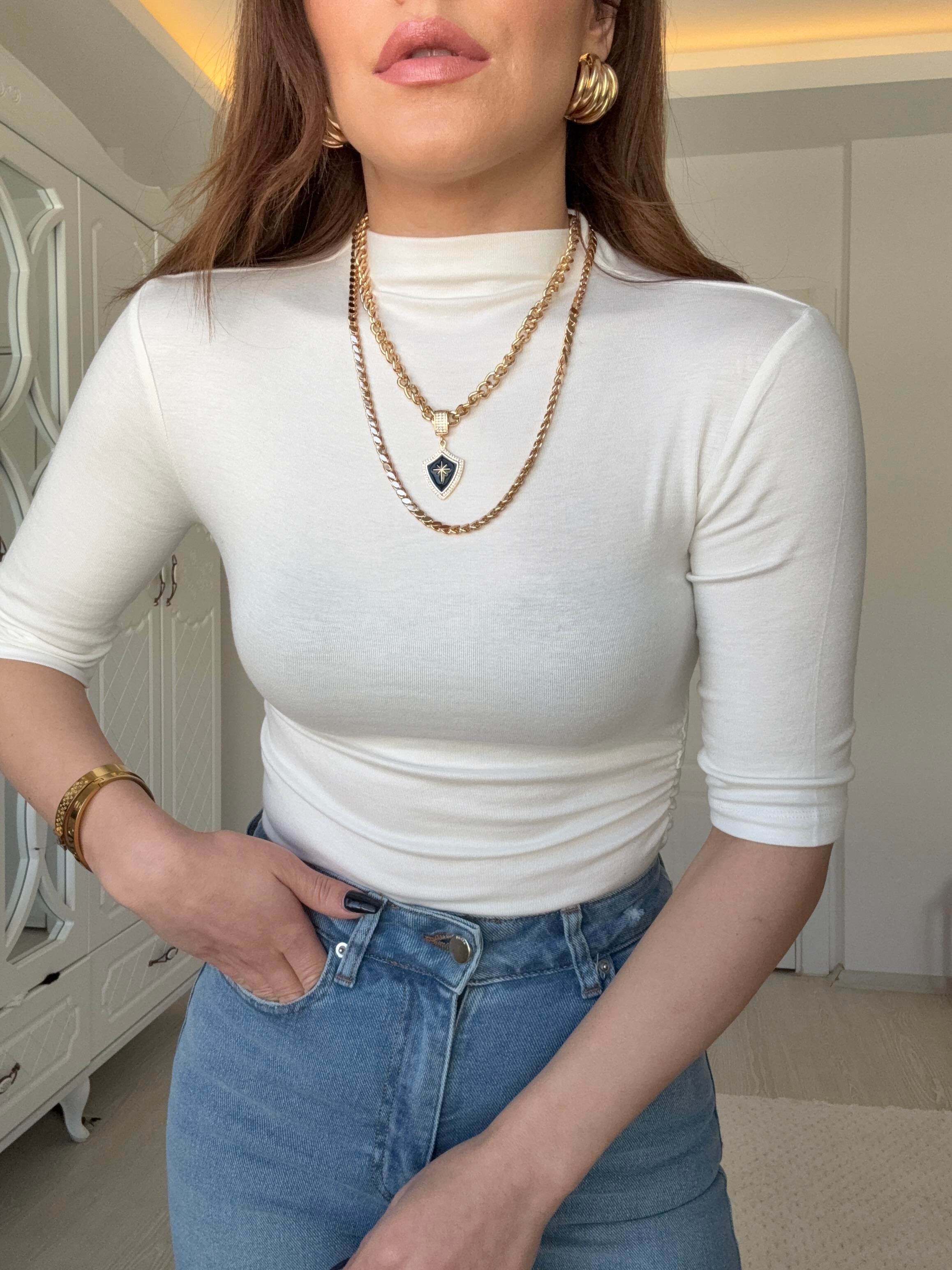 Yanlari Drapeli̇ Di̇k Yaka Bluz Beyaz