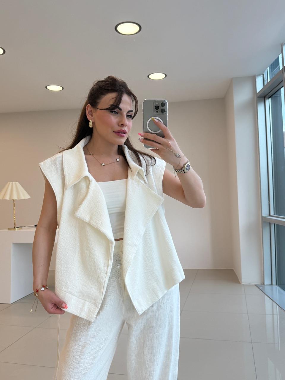 YELEKLİ İKİLİ  KETEN TAKIM BEYAZ 