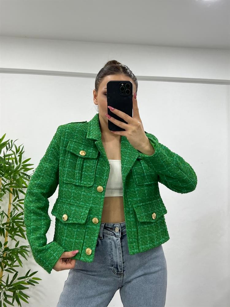 Yeşi̇l Gold Düğme Detayli Blazer Ceket
