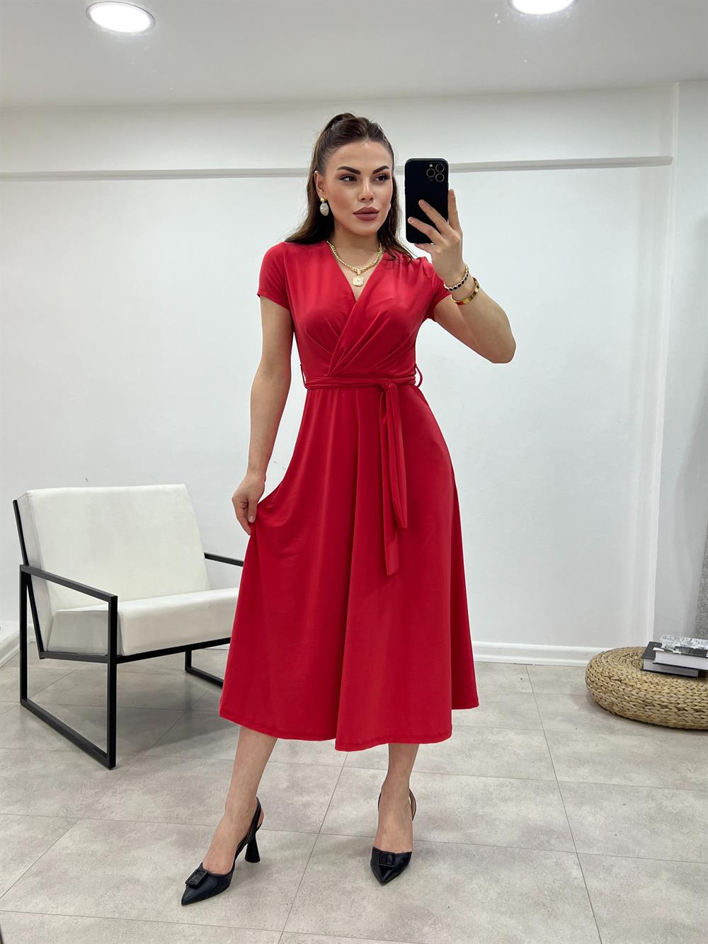Kuşakli Kruvaze Elbi̇se Nar Çi̇çei̇