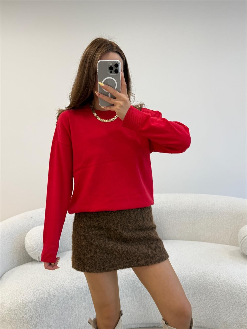 %100 COKON BİSİKLET YAKA BASİC KAZAK KIRMIZI