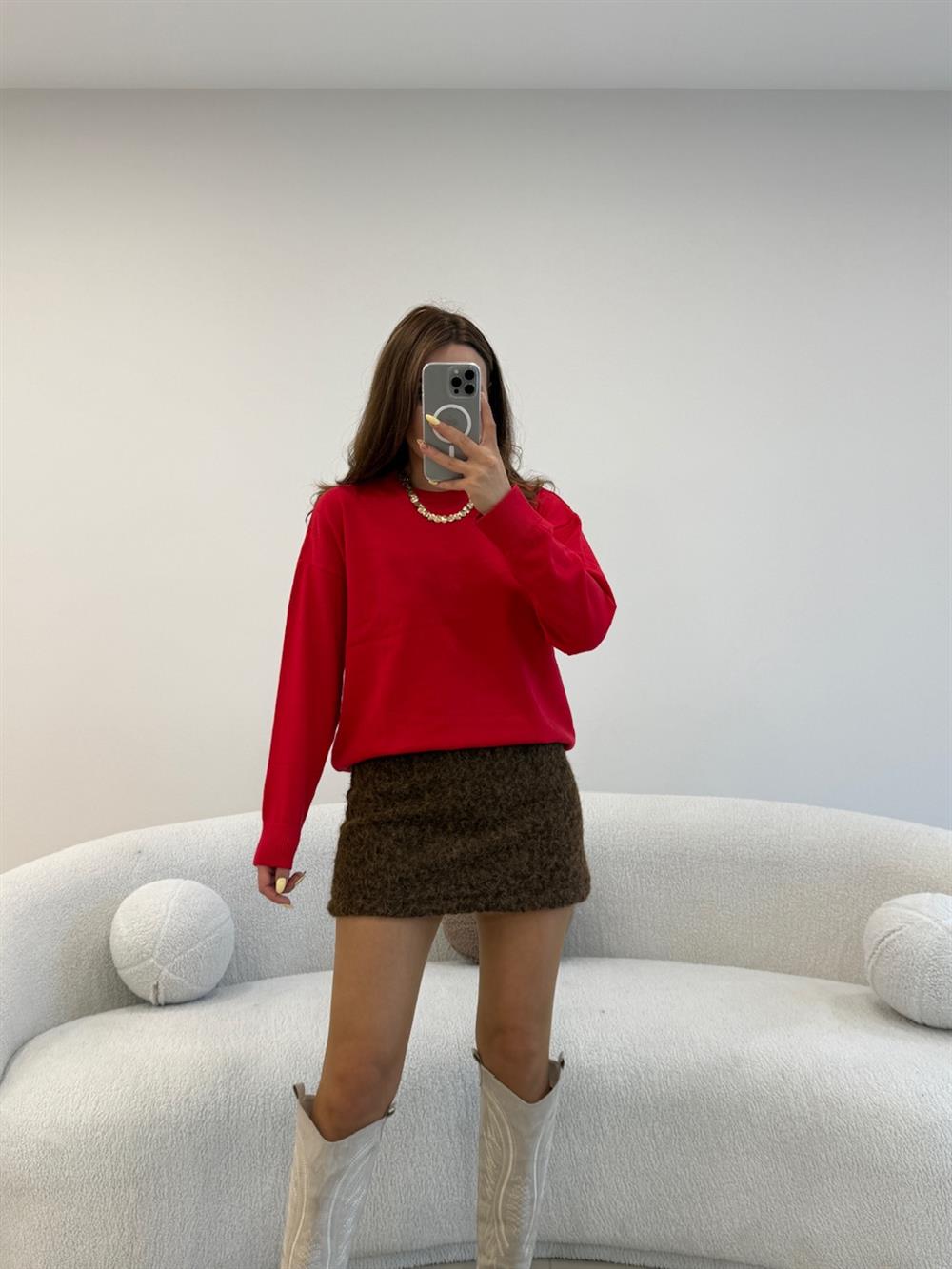 %100 COKON BİSİKLET YAKA BASİC KAZAK KIRMIZI