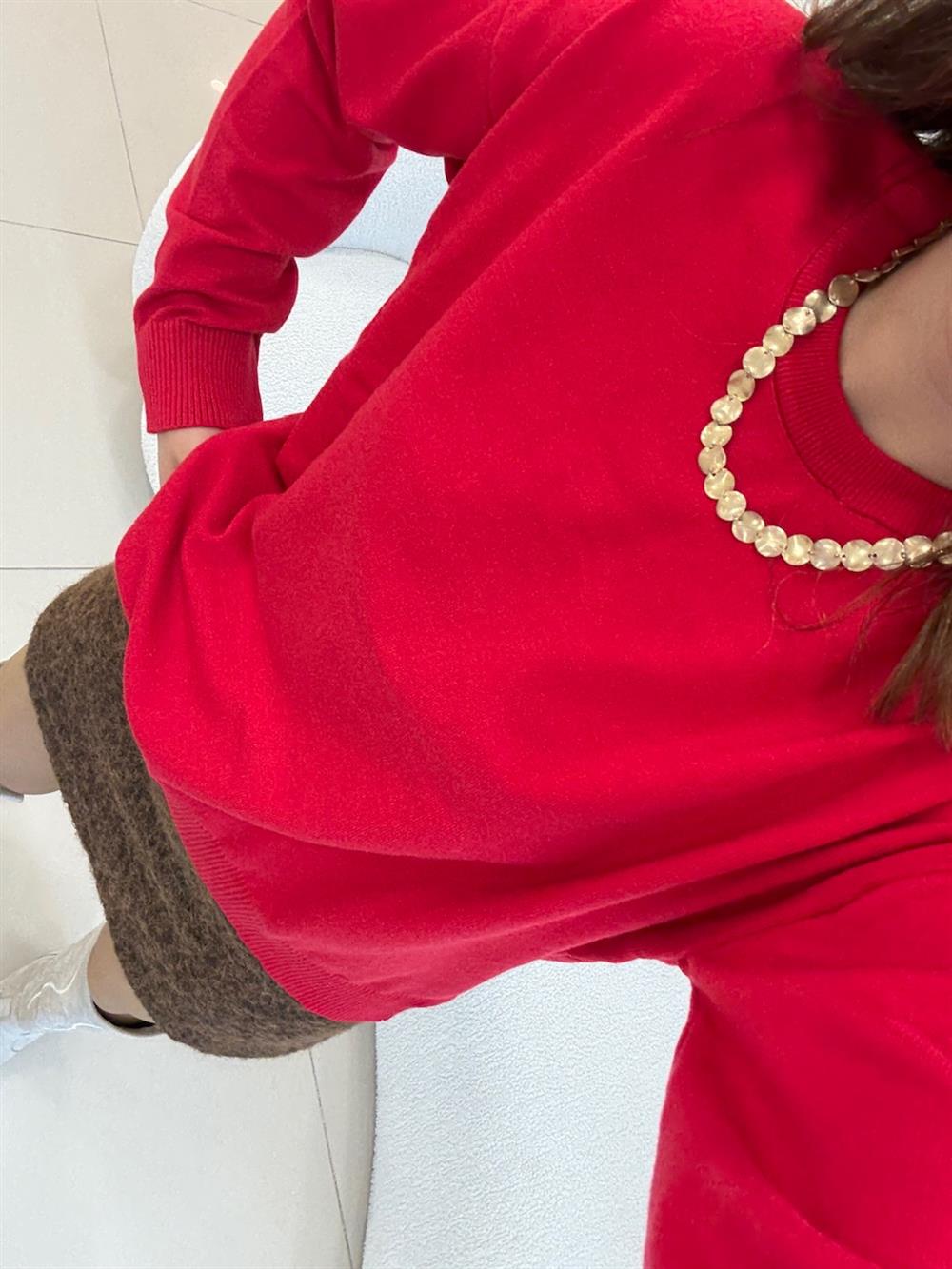 %100 COKON BİSİKLET YAKA BASİC KAZAK KIRMIZI