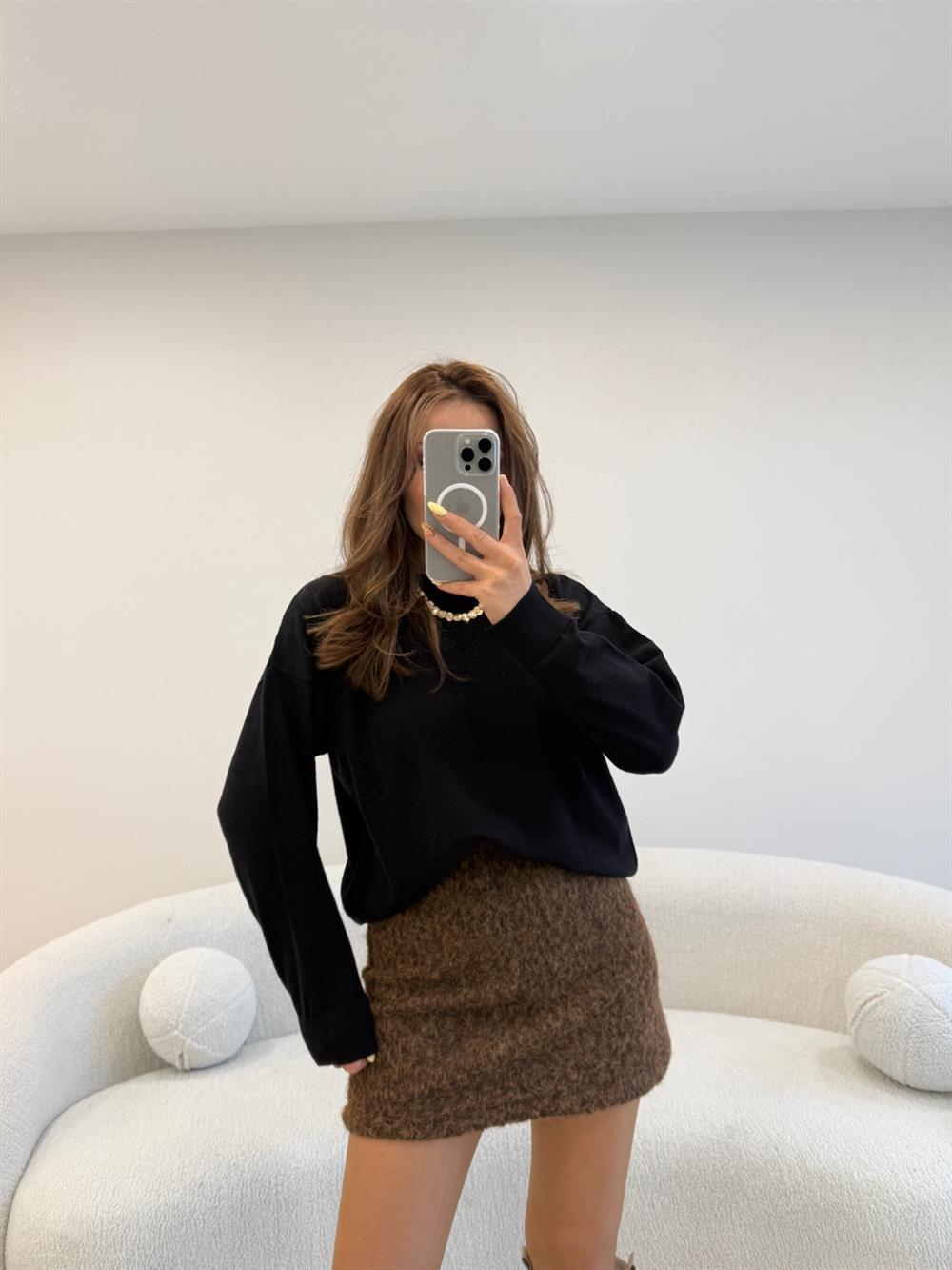 %100 COKON BİSİKLET YAKA BASİC KAZAK SİYAH