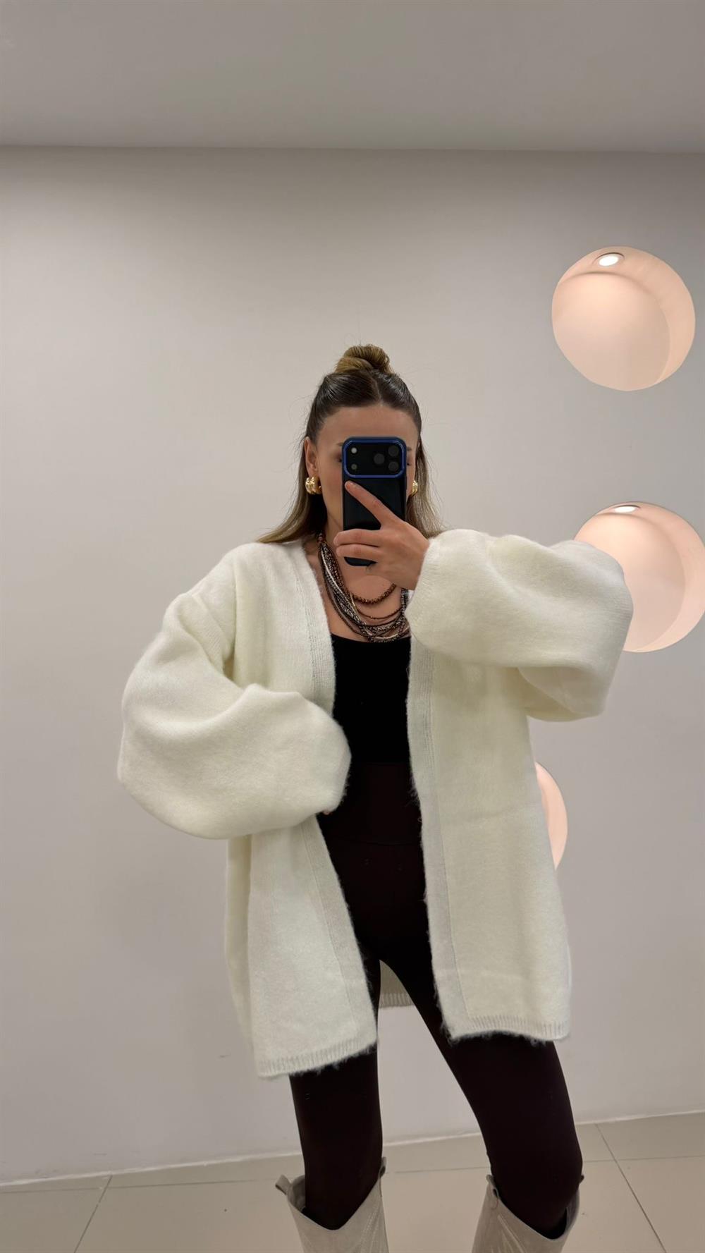 %100 Pamuk Midi Boy Hırka  Ekru