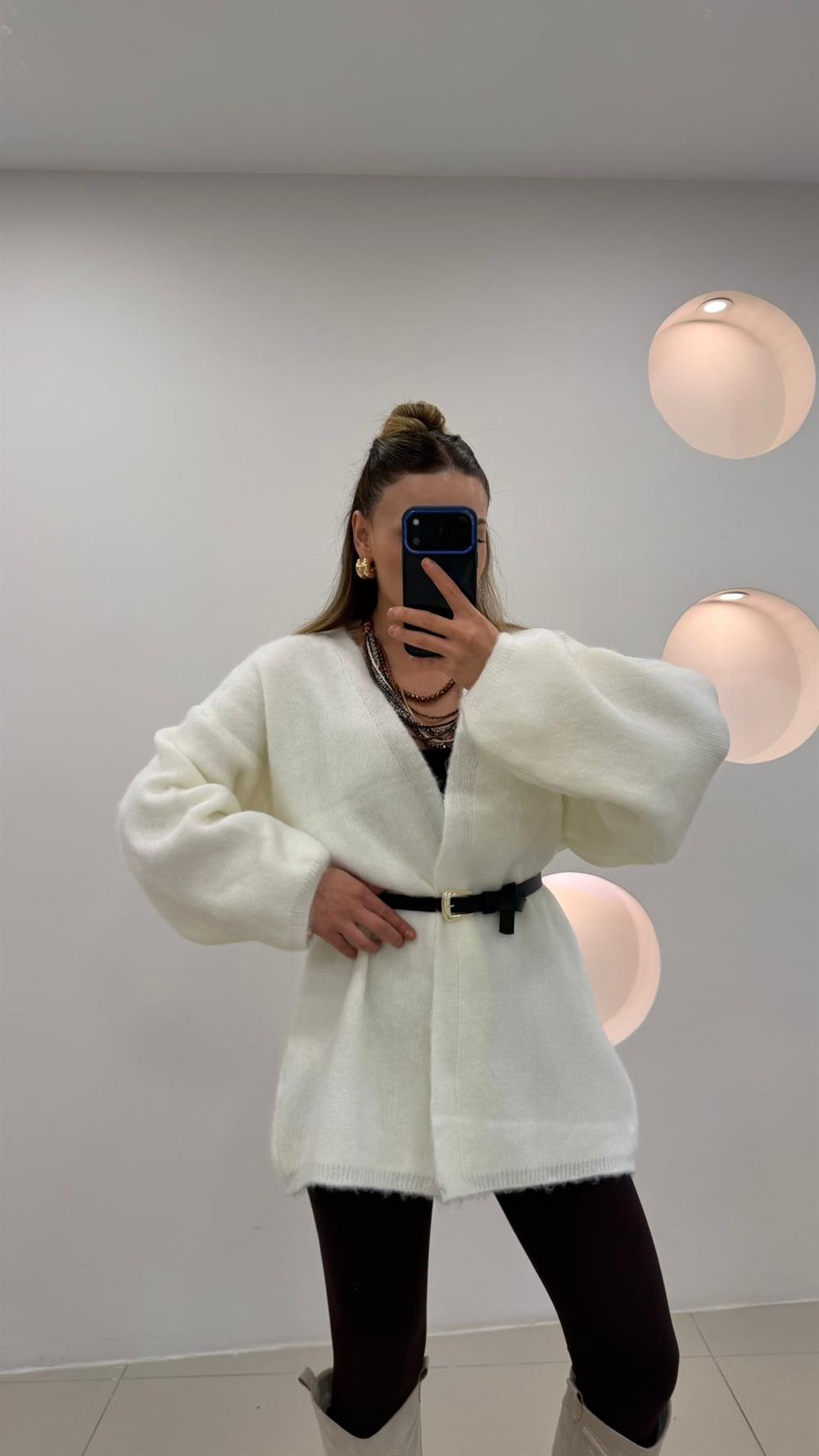 %100 Pamuk Midi Boy Hırka  Ekru