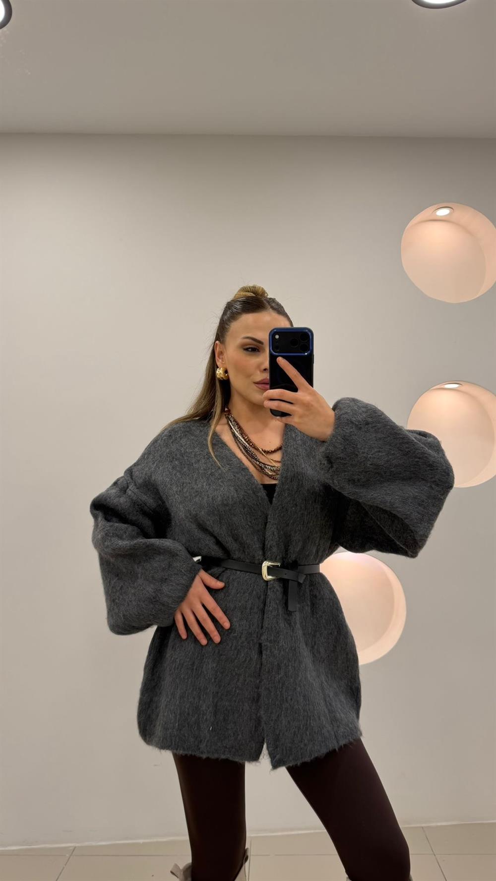 %100 Pamuk Midi Boy Hırka Gri