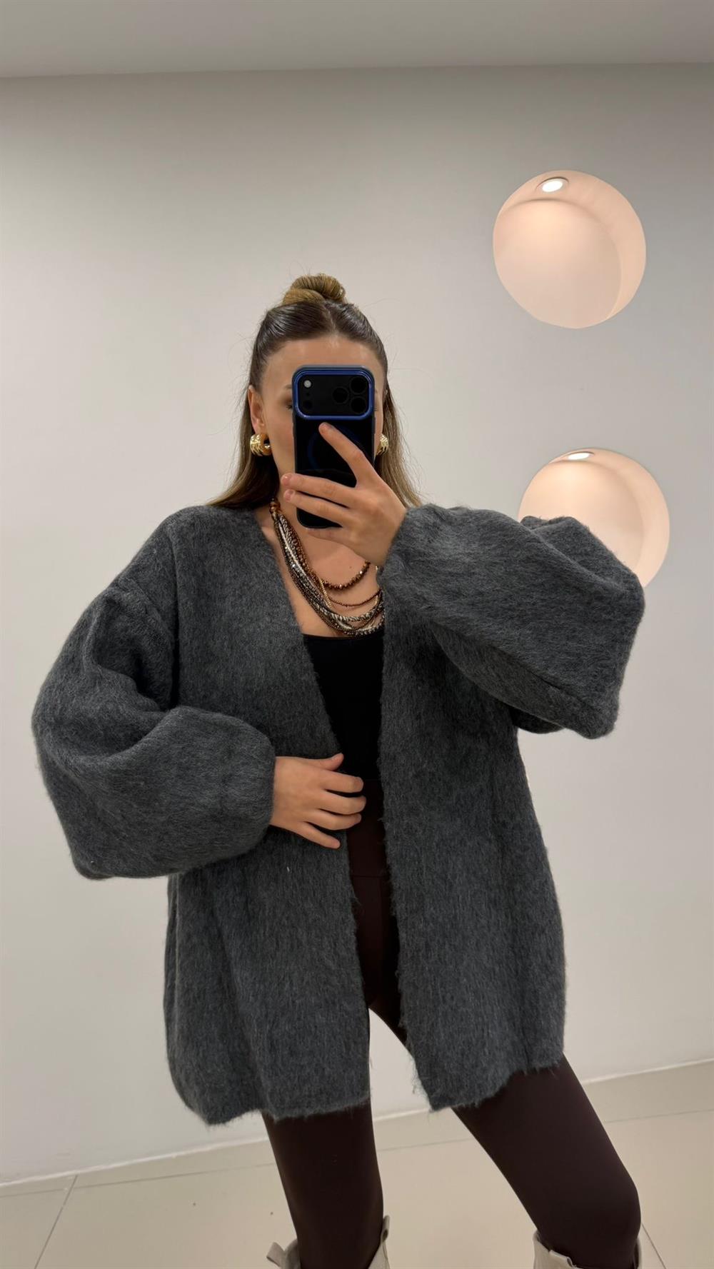 %100 Pamuk Midi Boy Hırka Gri