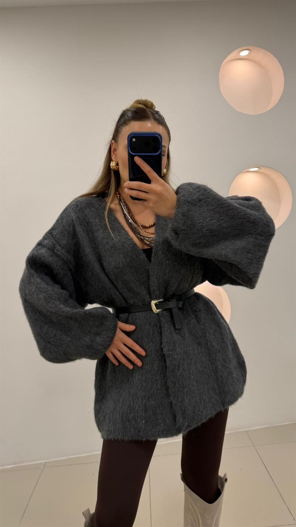 %100 Pamuk Midi Boy Hırka Gri