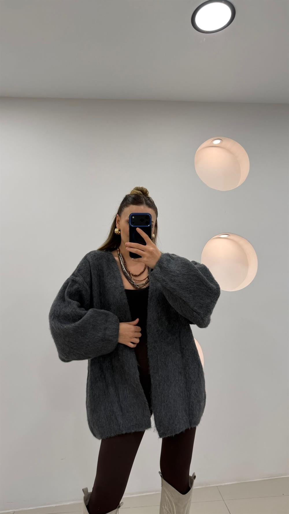 %100 Pamuk Midi Boy Hırka Gri