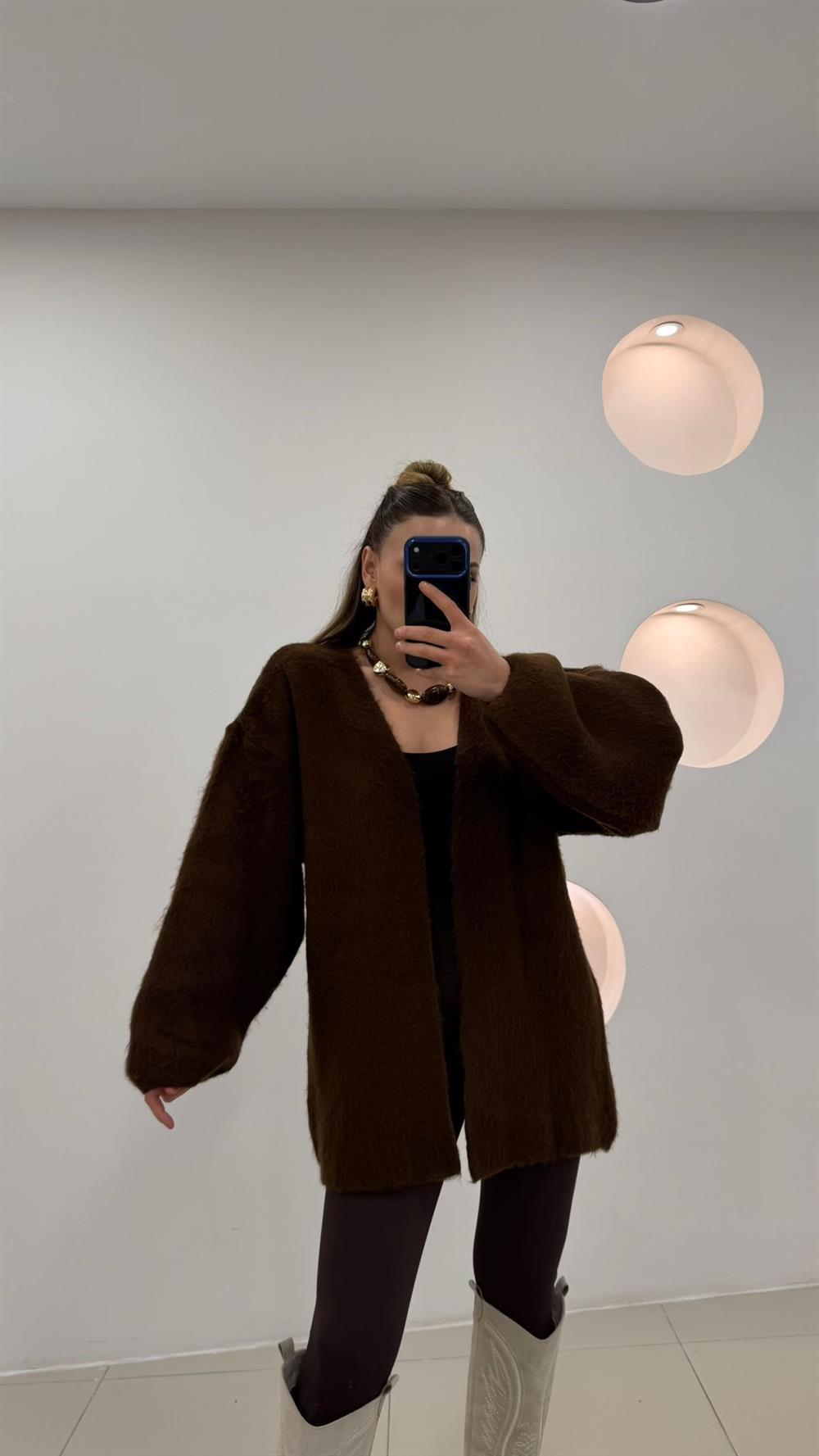 %100 Pamuk Midi Boy Hırka  Kahve