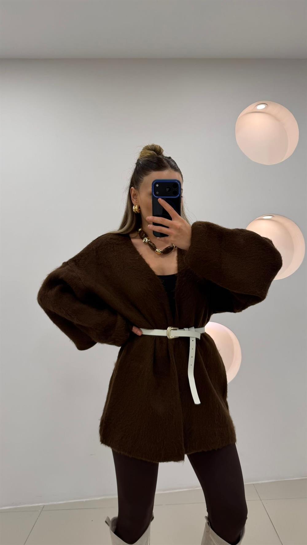 %100 Pamuk Midi Boy Hırka  Kahve