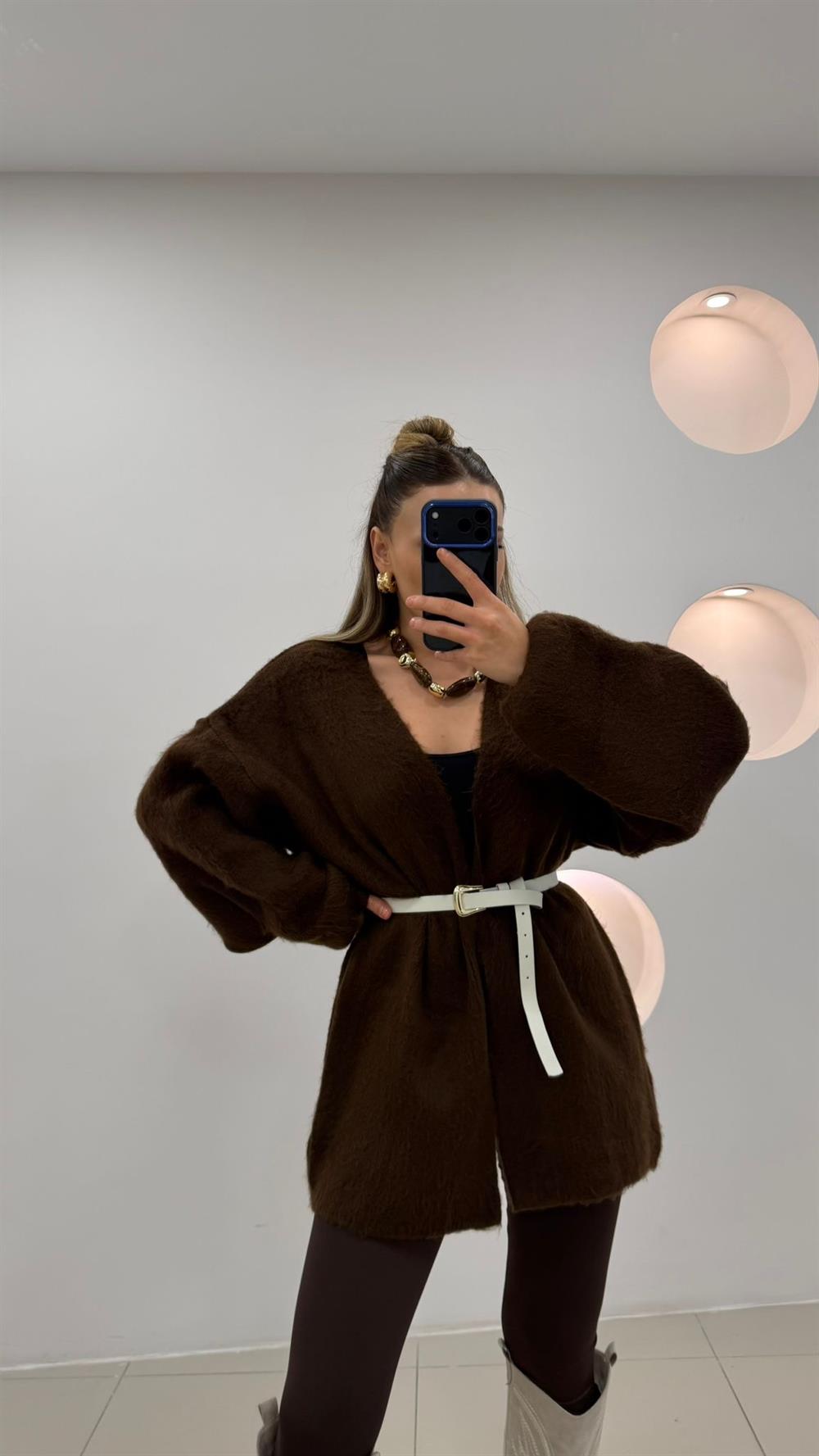 %100 Pamuk Midi Boy Hırka  Kahve