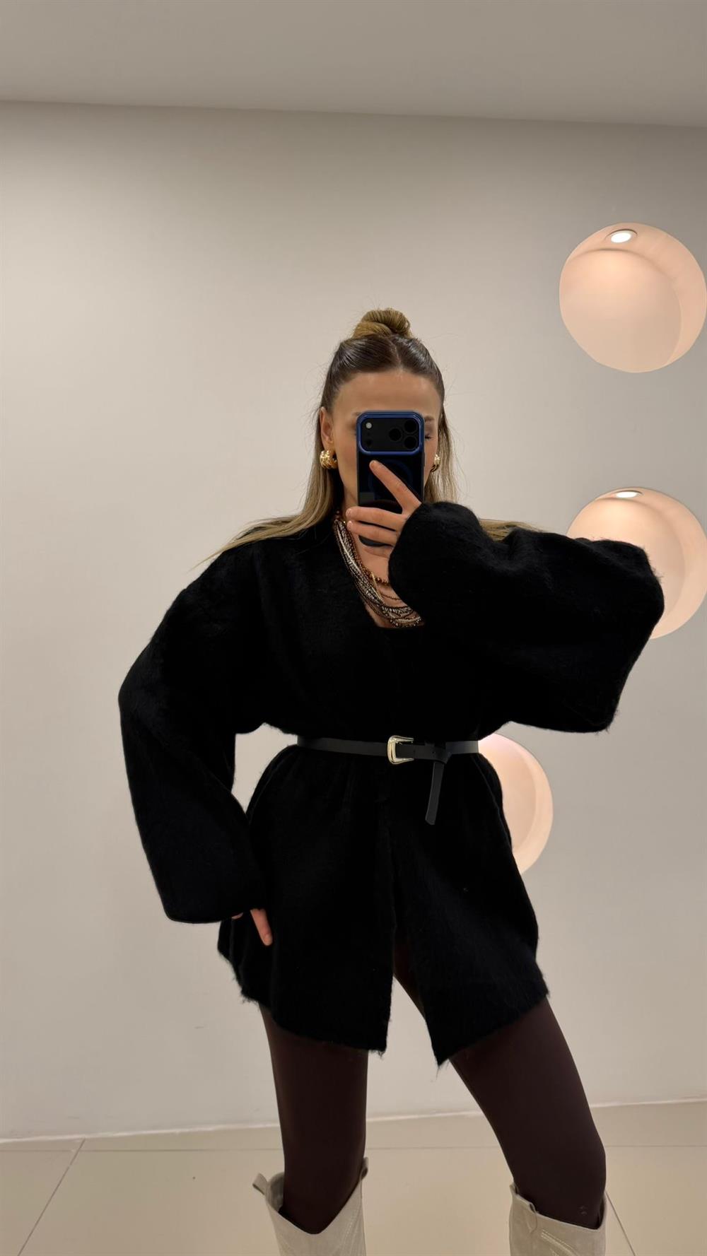 %100 Pamuk Midi Boy Hırka  Siyah