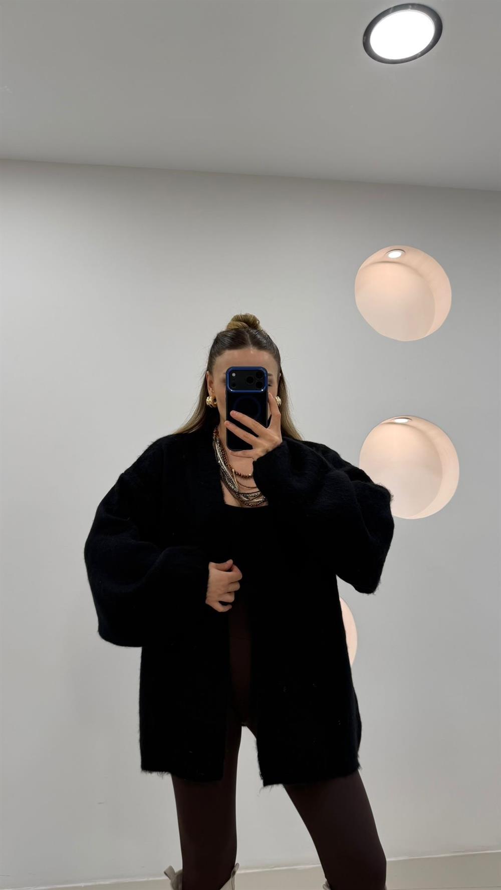 %100 Pamuk Midi Boy Hırka  Siyah