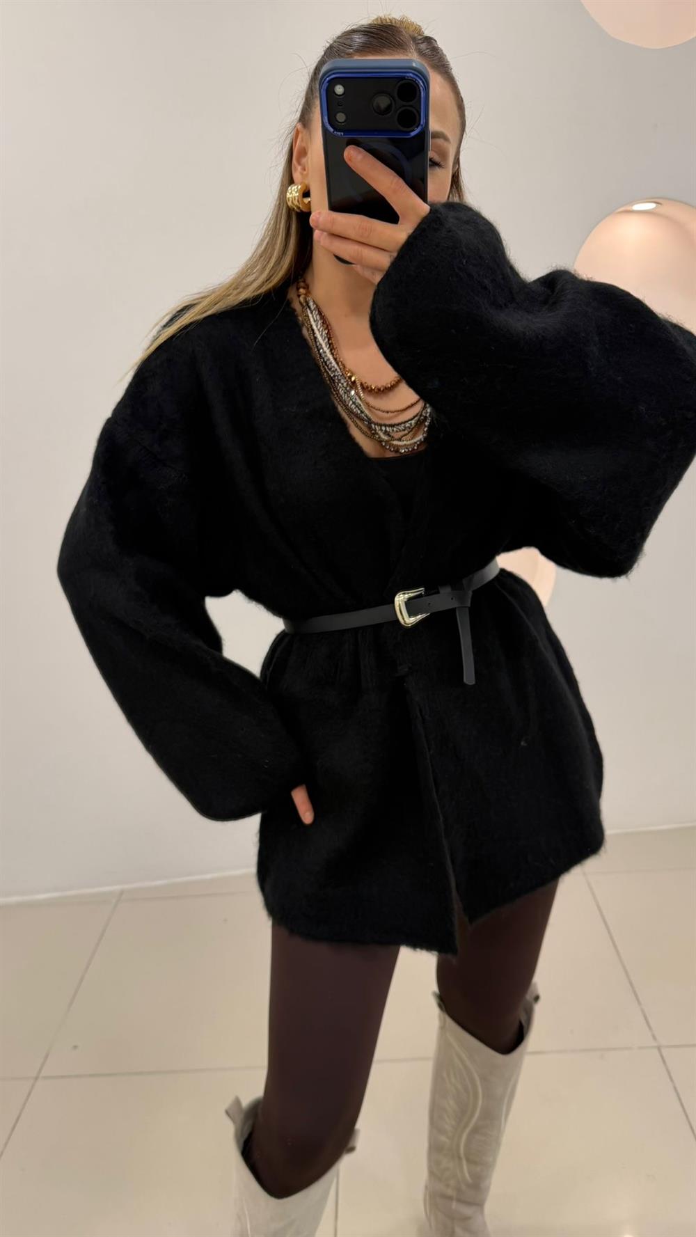 %100 Pamuk Midi Boy Hırka  Siyah