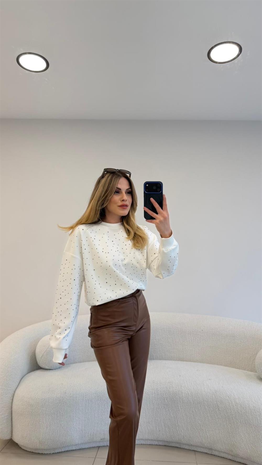 2 İPLİK FULL TAŞLI SWEAT BEYAZ 