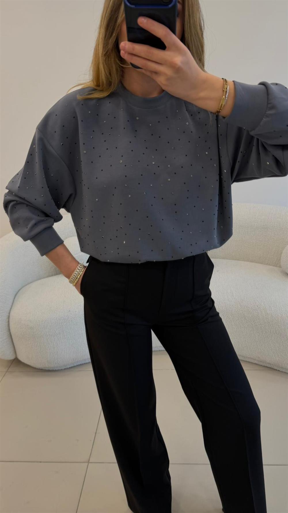 2 İPLİK FULL TAŞLI SWEAT GRİ