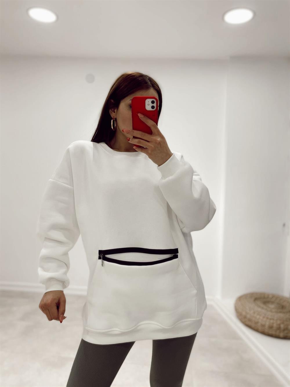 Beyaz Fermuarli Sweat