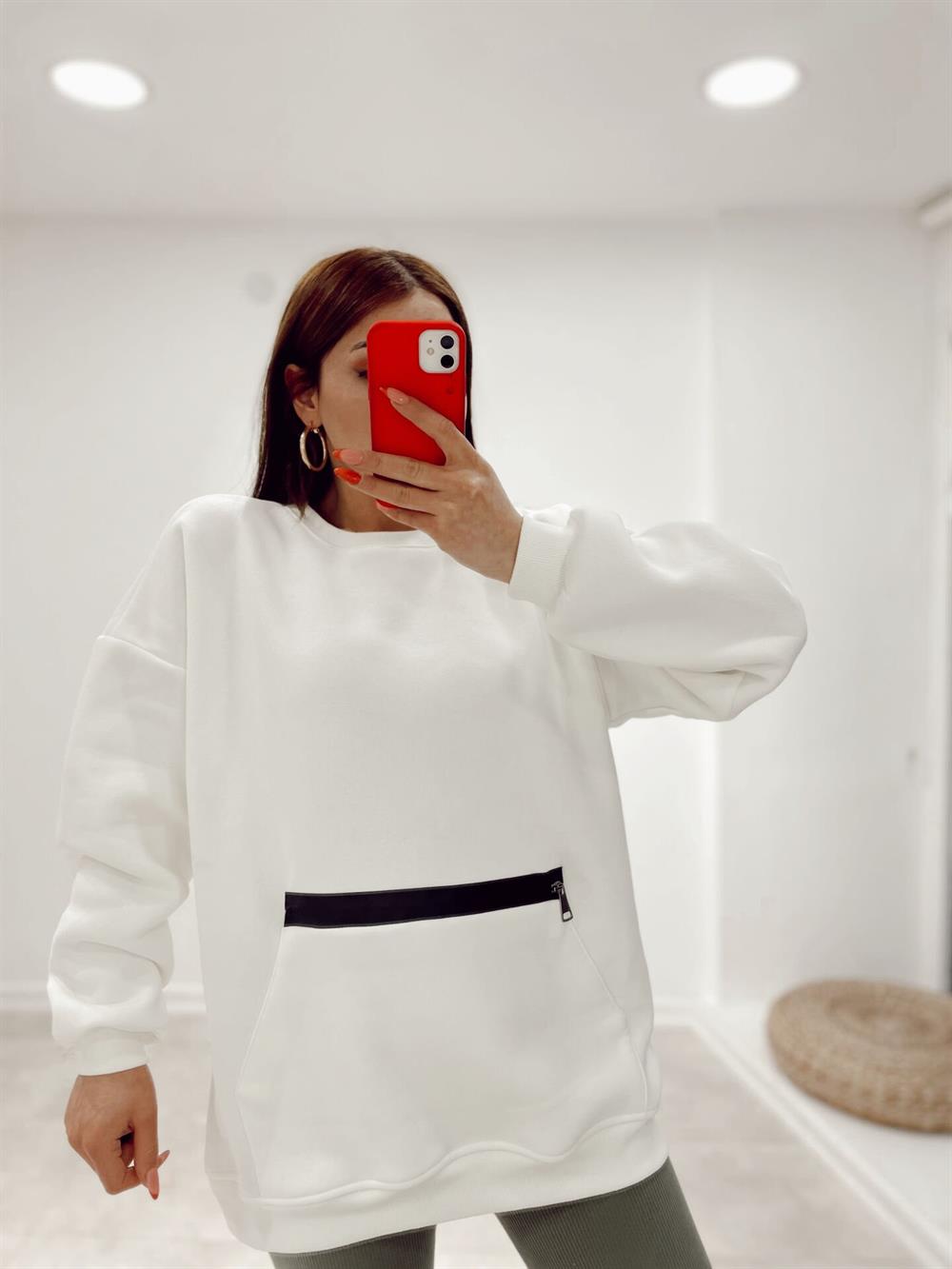 Beyaz Fermuarli Sweat