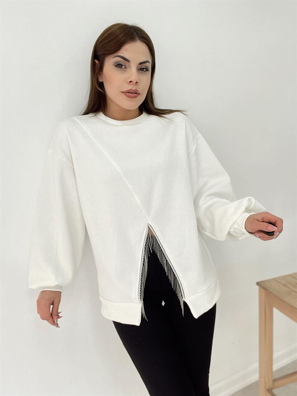 Beyaz Taş Detayli Sweat