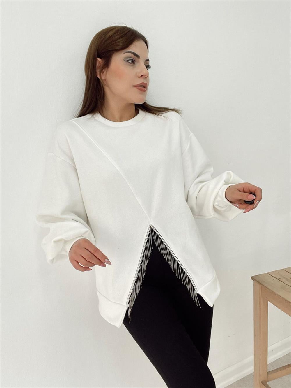 Beyaz Taş Detayli Sweat