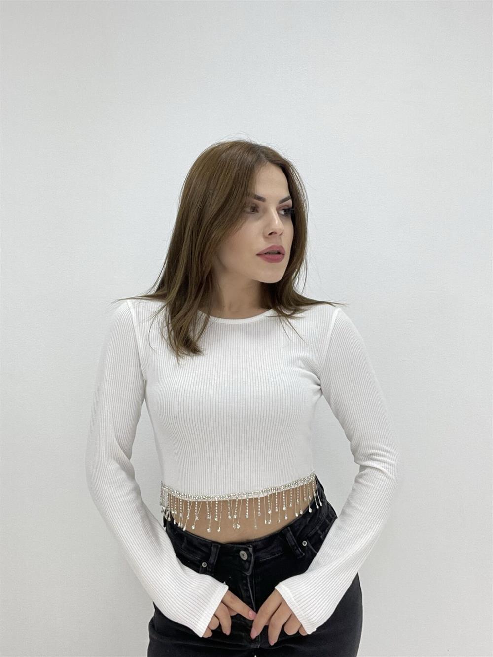 Beyaz Taşli Crop Tri̇ko