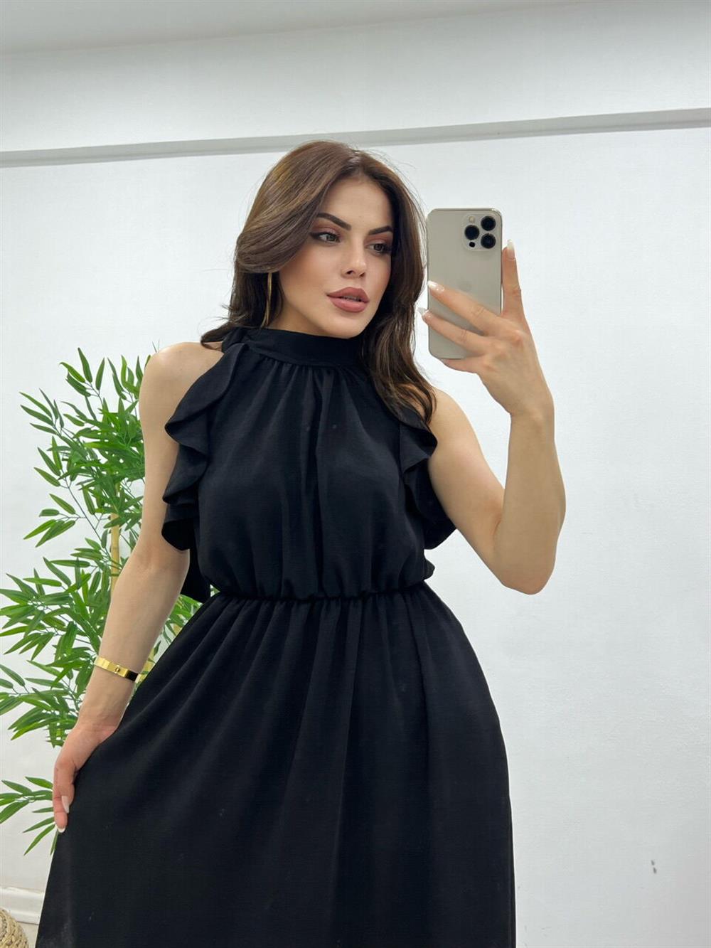 Boyundan Bağlamali Keten Elbi̇se Si̇yah