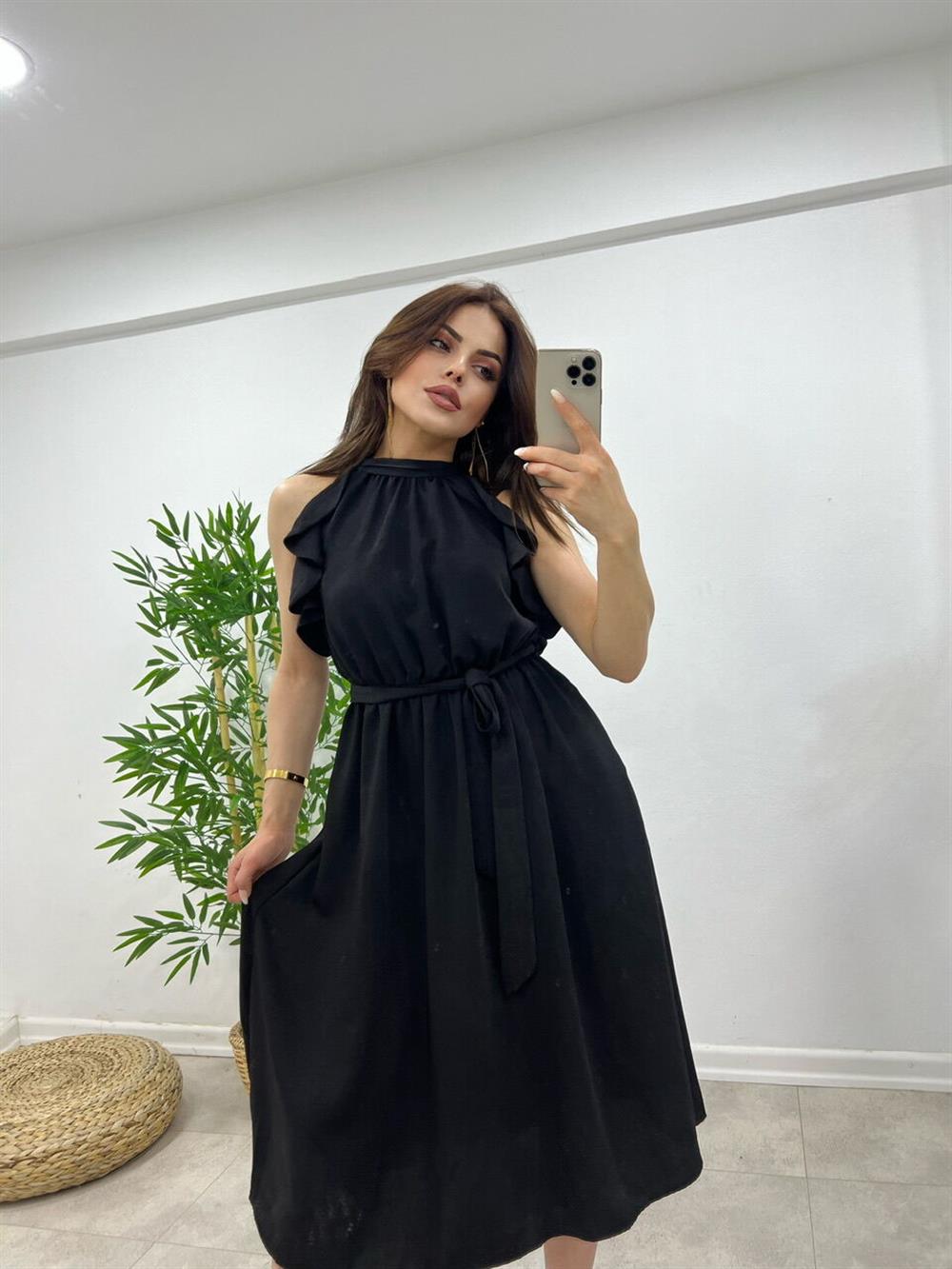 Boyundan Bağlamali Keten Elbi̇se Si̇yah