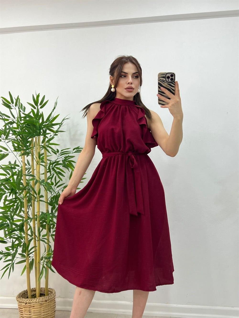 Boyundan Bağlamali Keten Elbi̇se Bordo