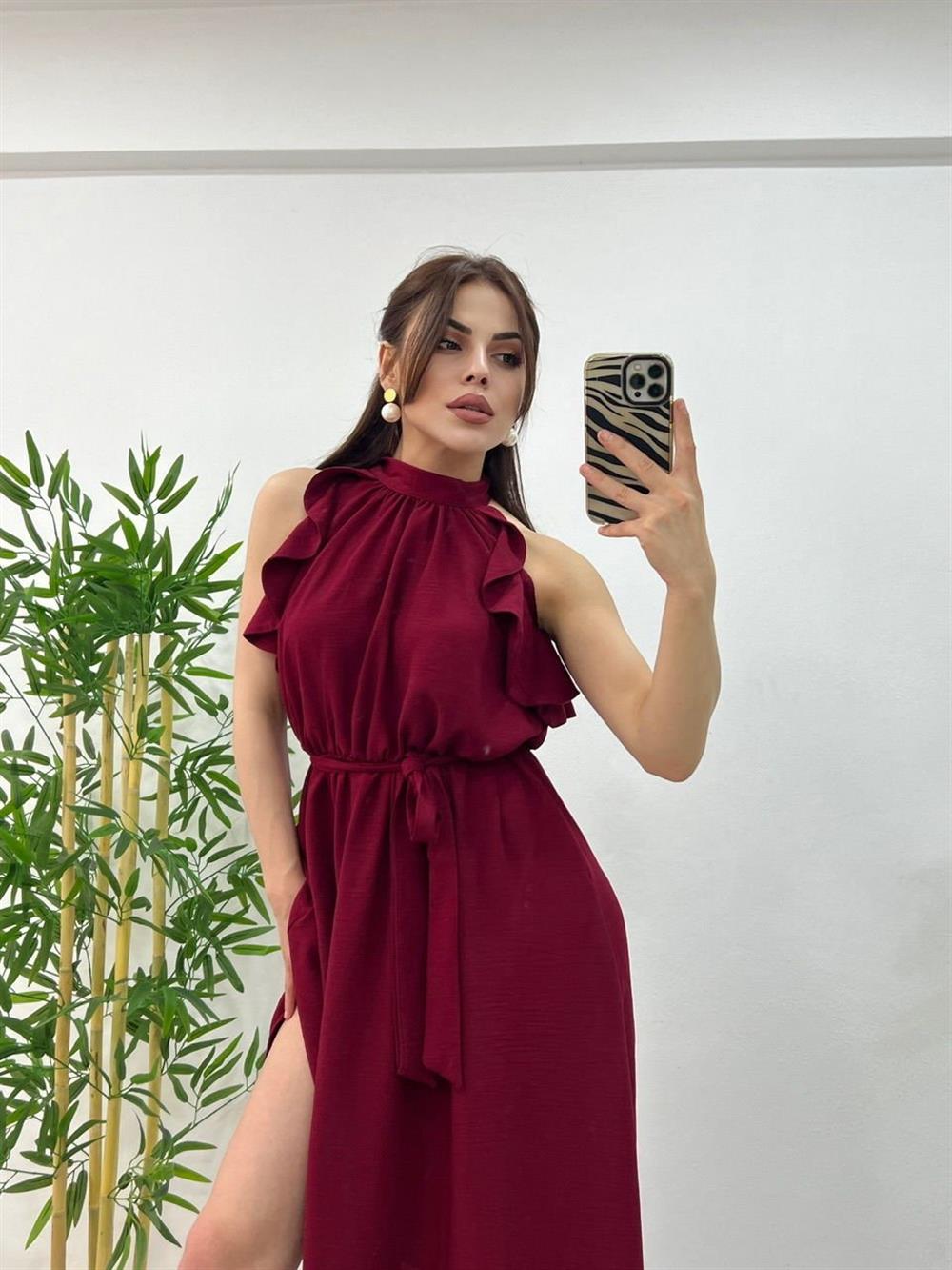 Boyundan Bağlamali Keten Elbi̇se Bordo