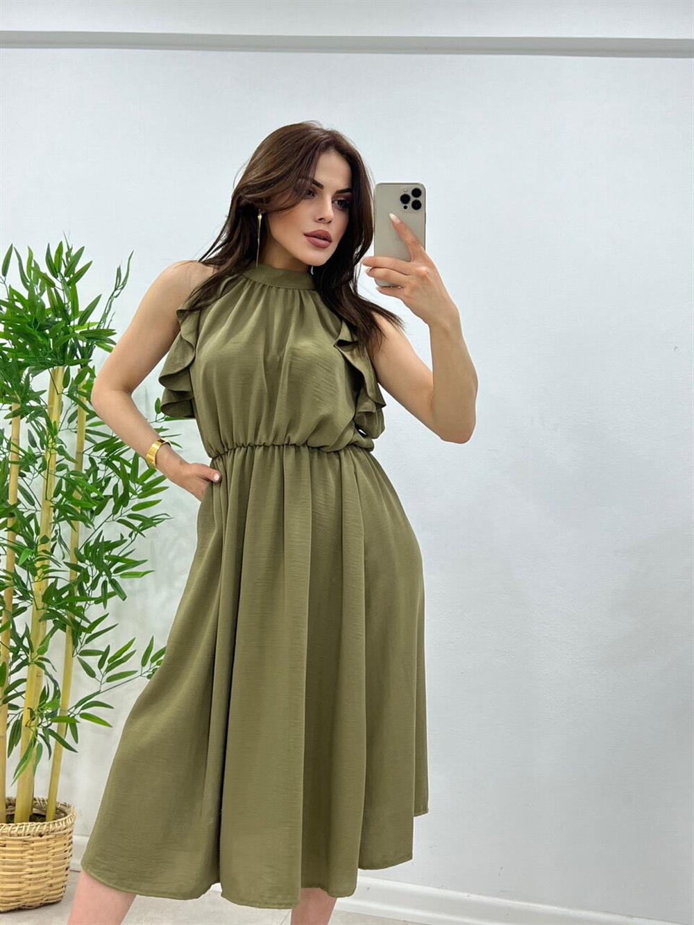Boyundan Bağlamali Keten Elbi̇se Haki̇ Yeşi̇l